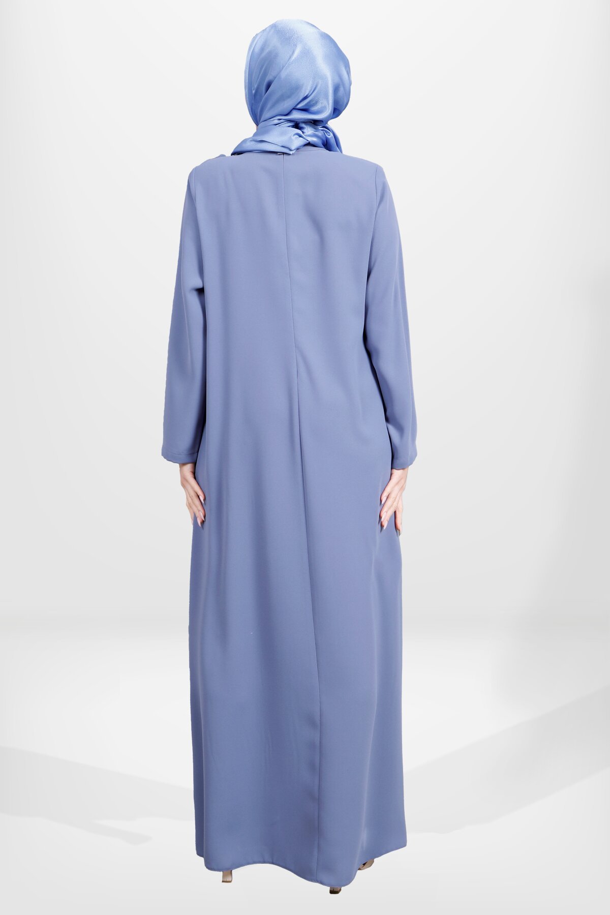 Ruffled Brooch Detail Modest Evening Dress - Indigo - Beyza