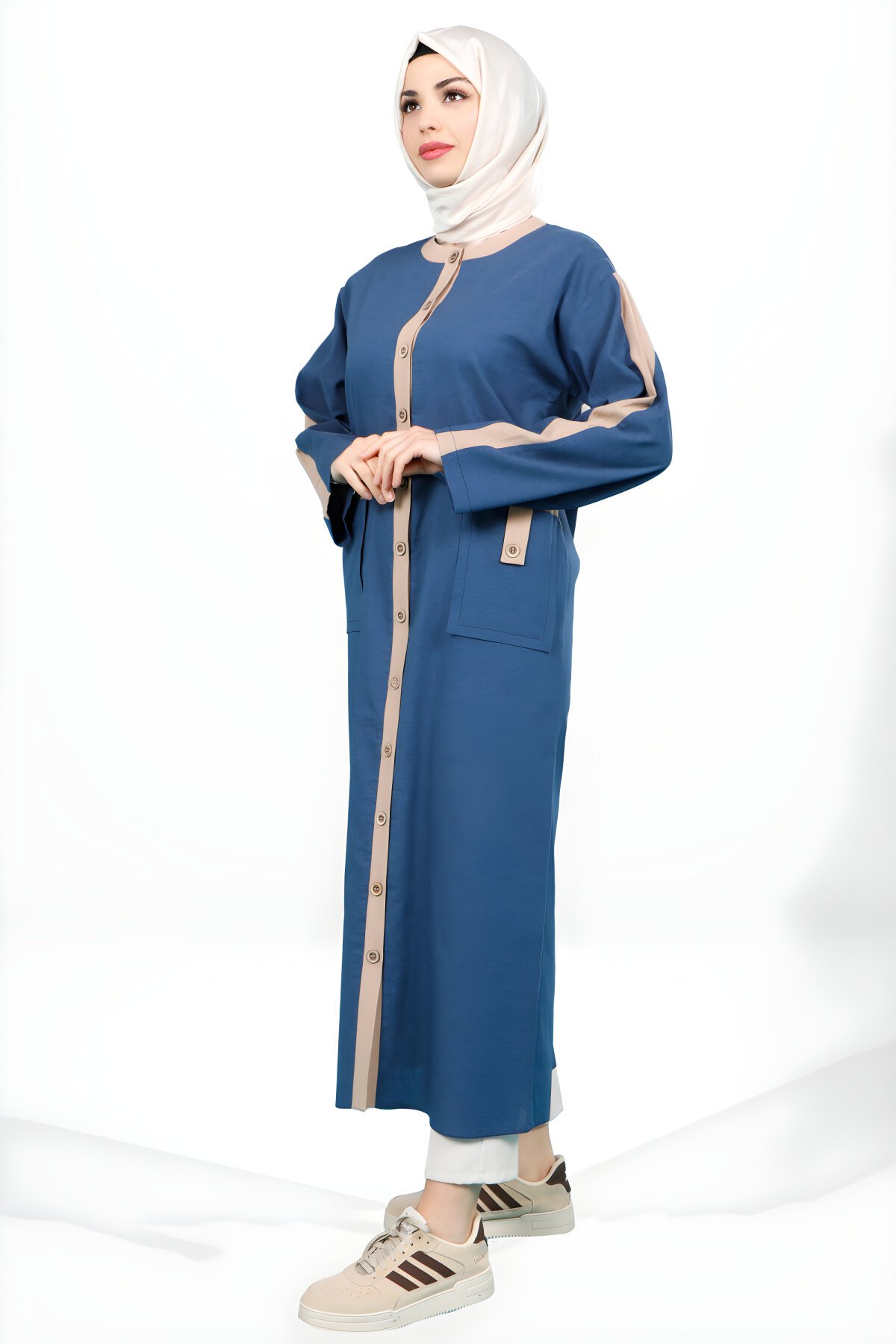 İndigo Garnili Ahşap Düğme Detaylı Giyçık Kap - Beyza