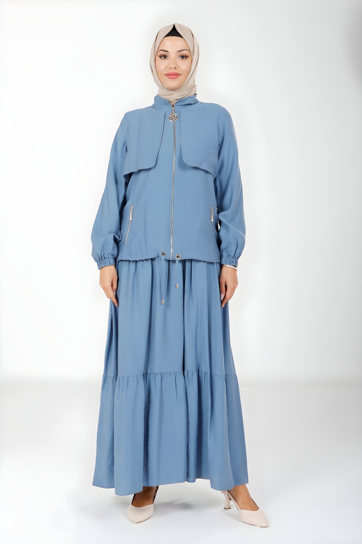 İndigo Kolu Lastikli Fermuarlı Ceket Tesettür Elbise - Beyza