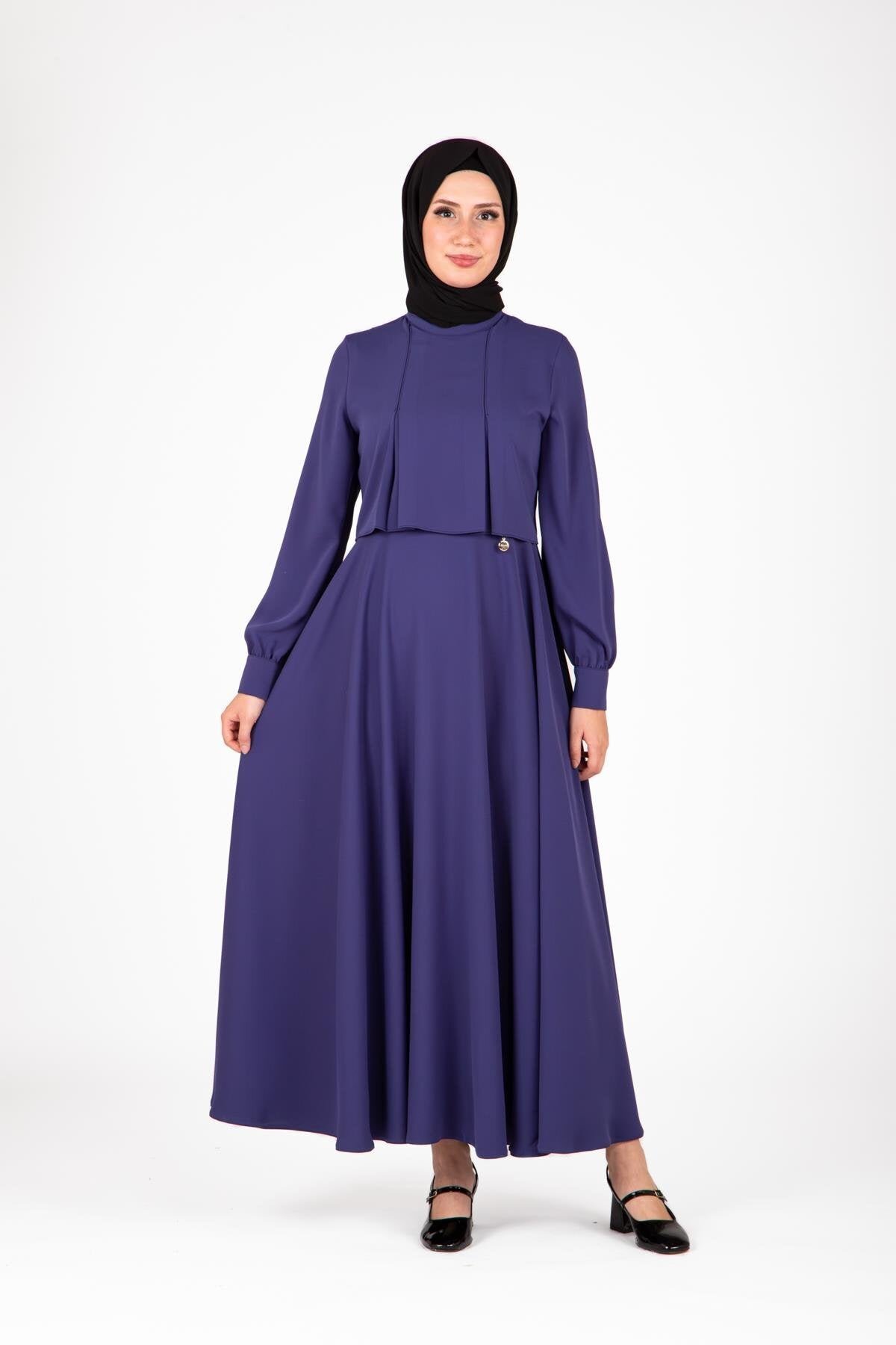 Pleated Shoulders Modest Dress - Indigo - Beyza