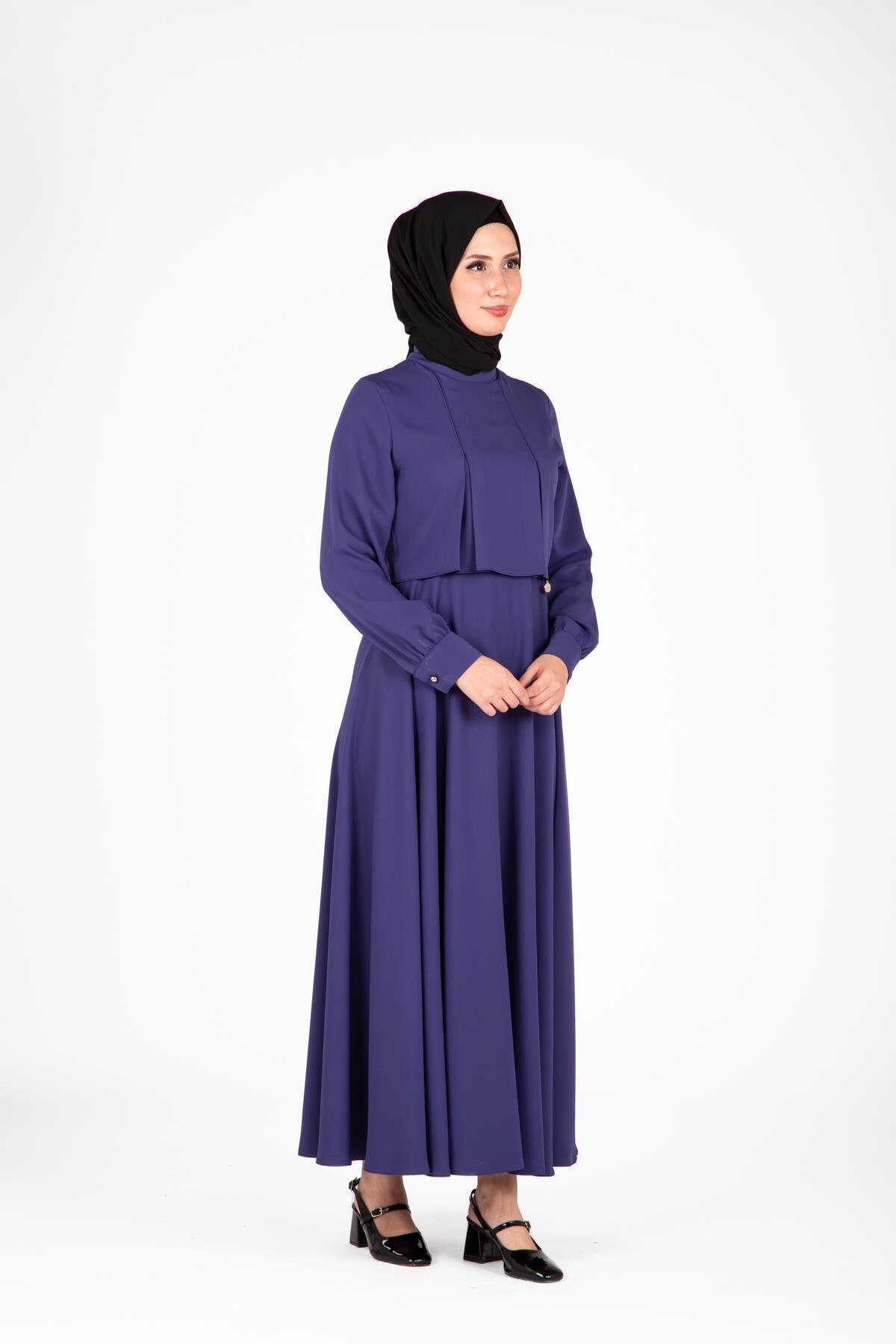 Pleated Shoulders Modest Dress - Indigo - Beyza