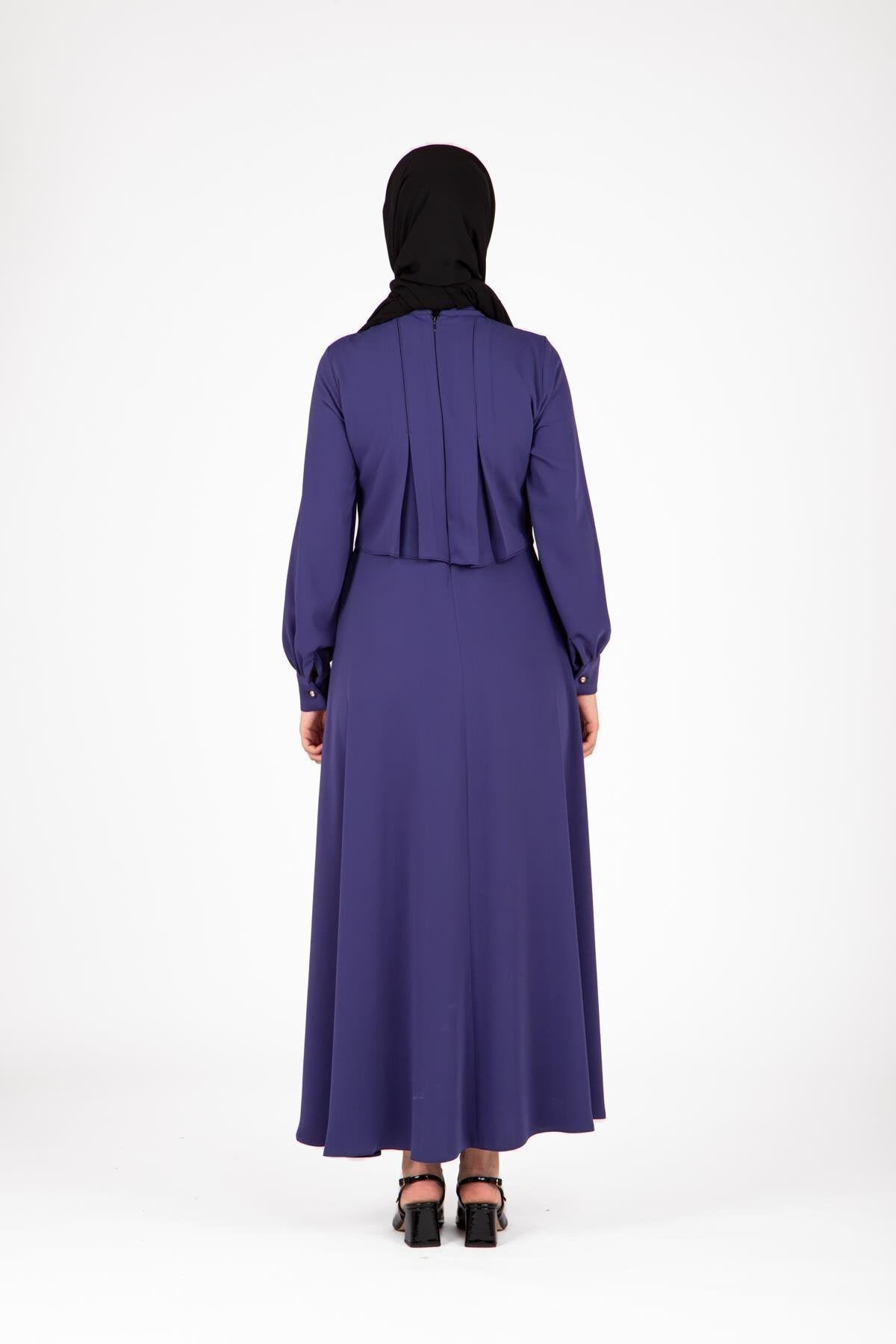 Pleated Shoulders Modest Dress - Indigo - Beyza