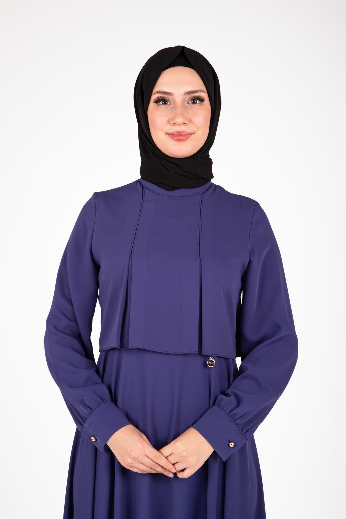 Pleated Shoulders Modest Dress - Indigo - Beyza