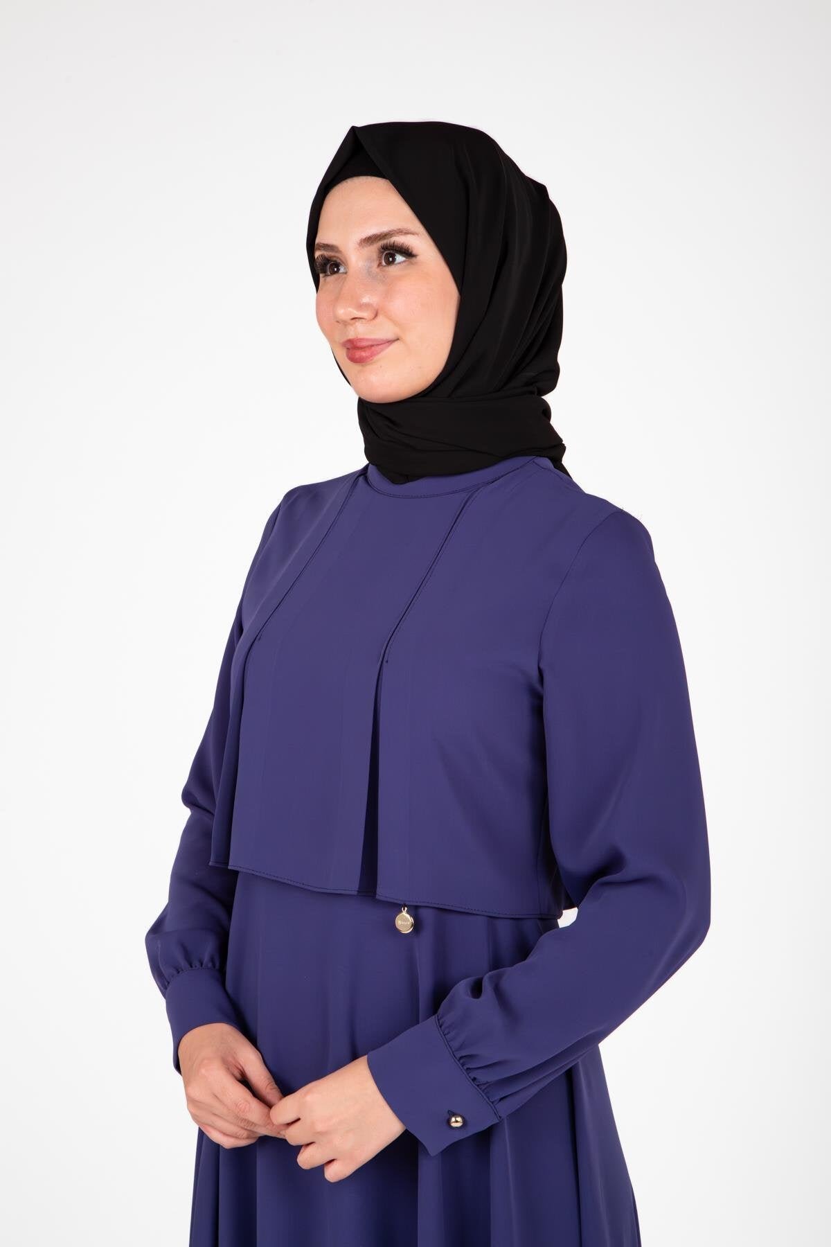Pleated Shoulders Modest Dress - Indigo - Beyza