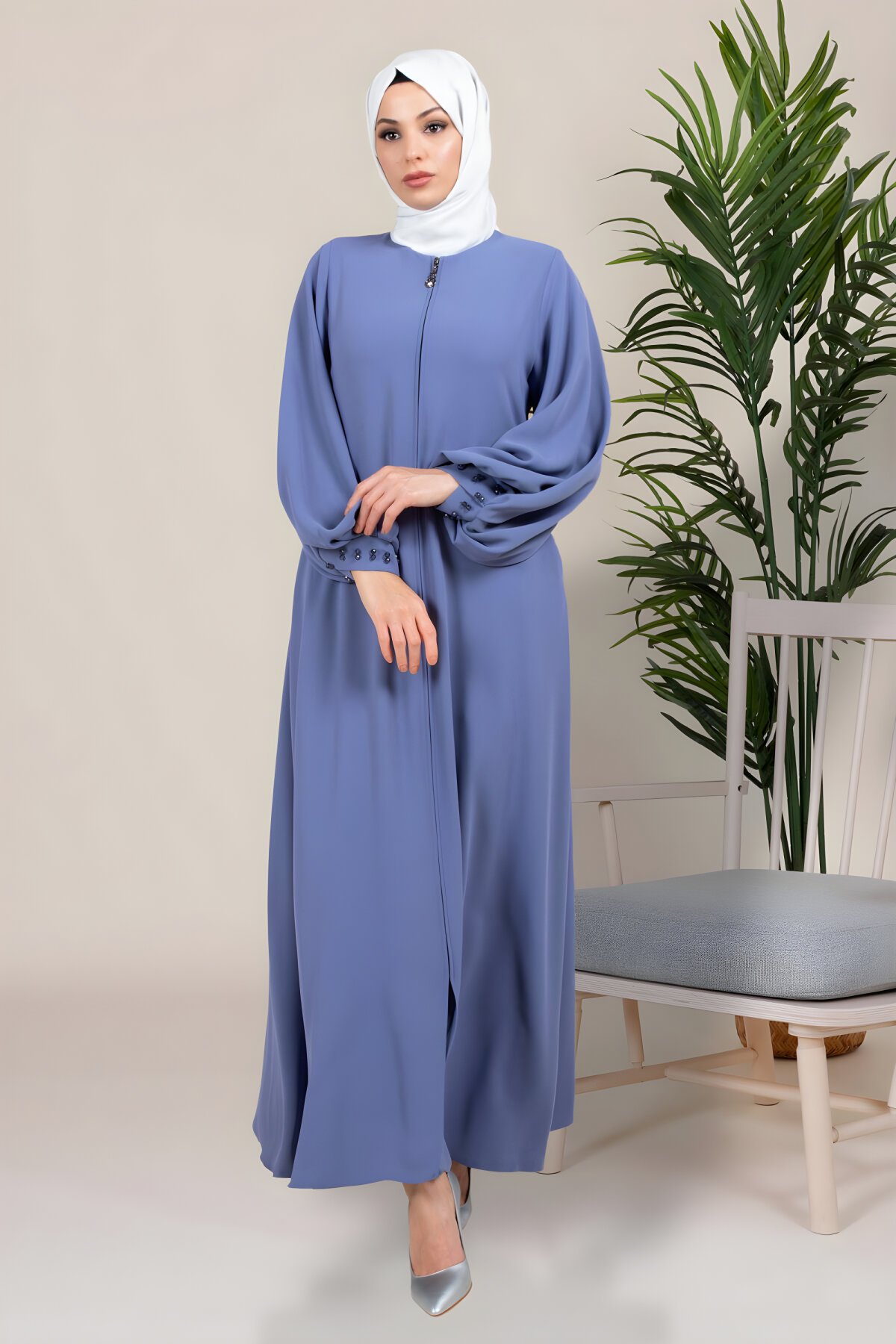 İndigo Samyeli Kloş Kol Manşeti Boncuklu Ferace - Beyza