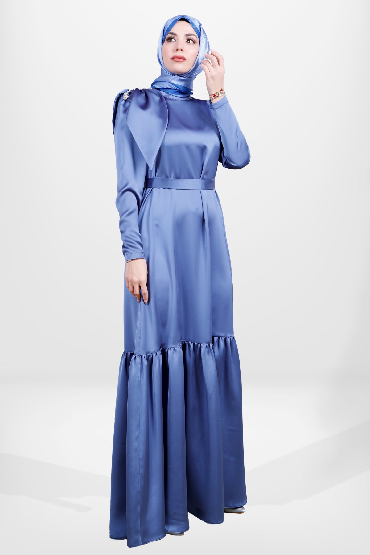 Satin Belted Shoulder-Detail Modest Evening Dress - Indigo - Beyza