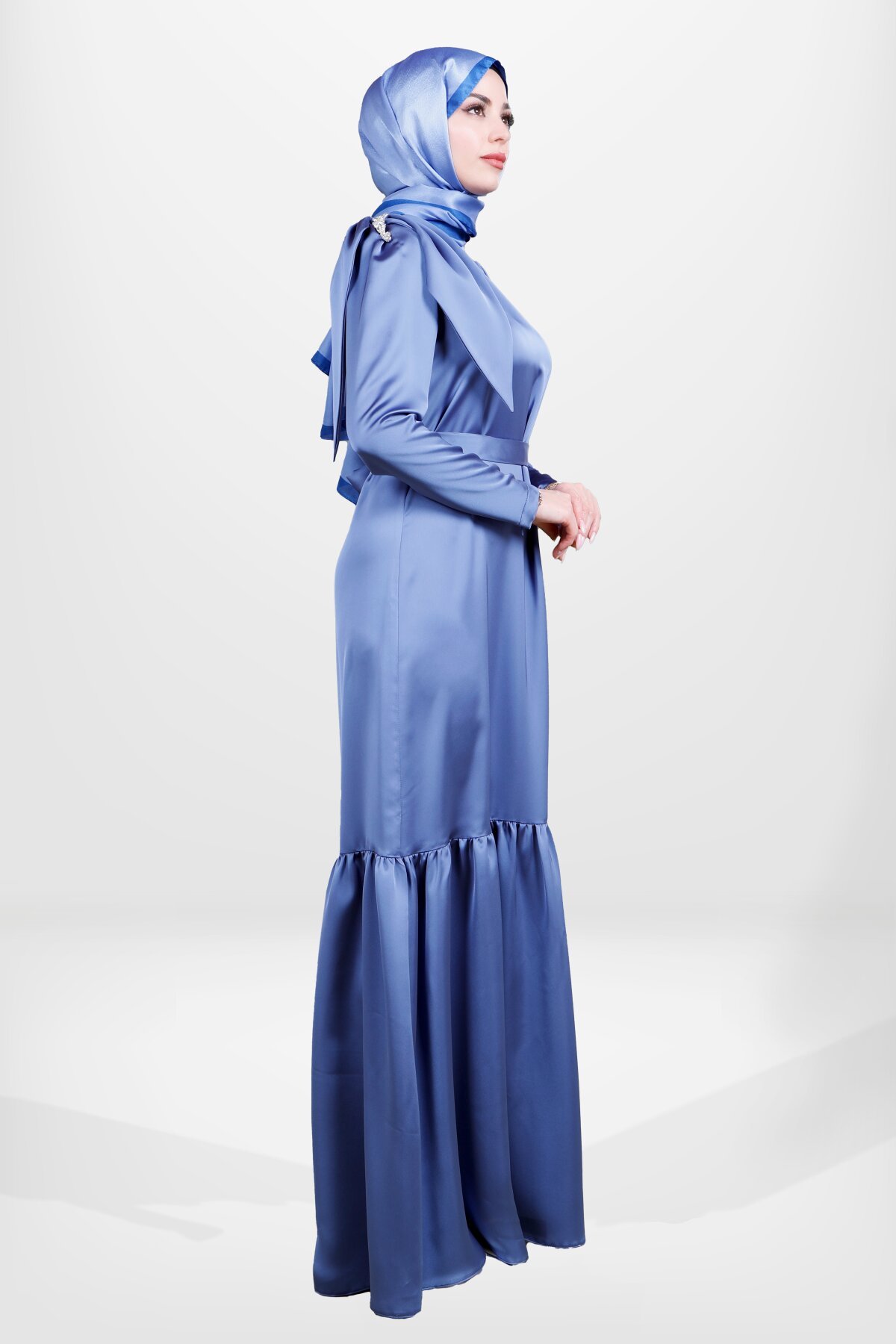 Satin Belted Shoulder-Detail Modest Evening Dress - Indigo - Beyza