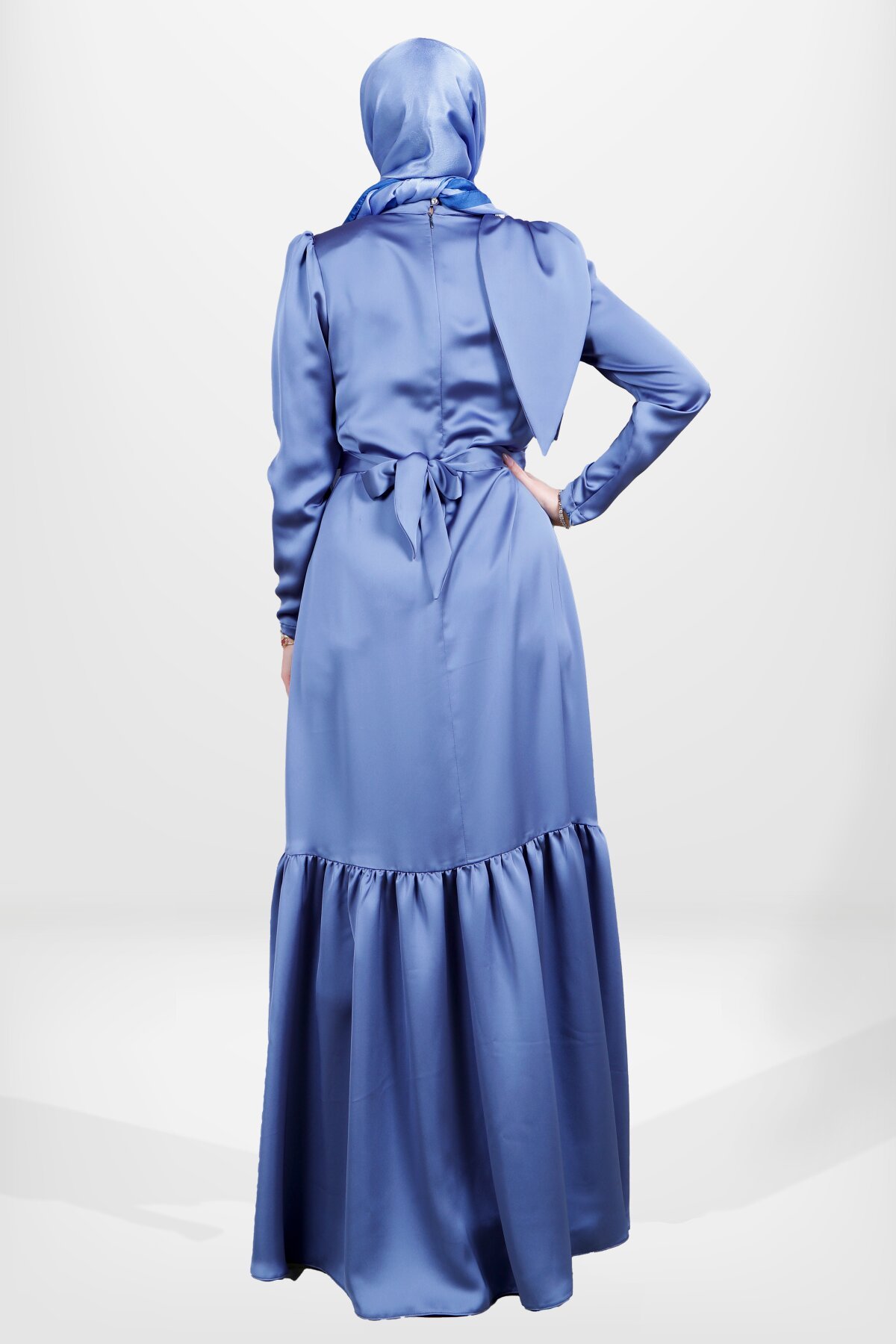 Satin Belted Shoulder-Detail Modest Evening Dress - Indigo - Beyza