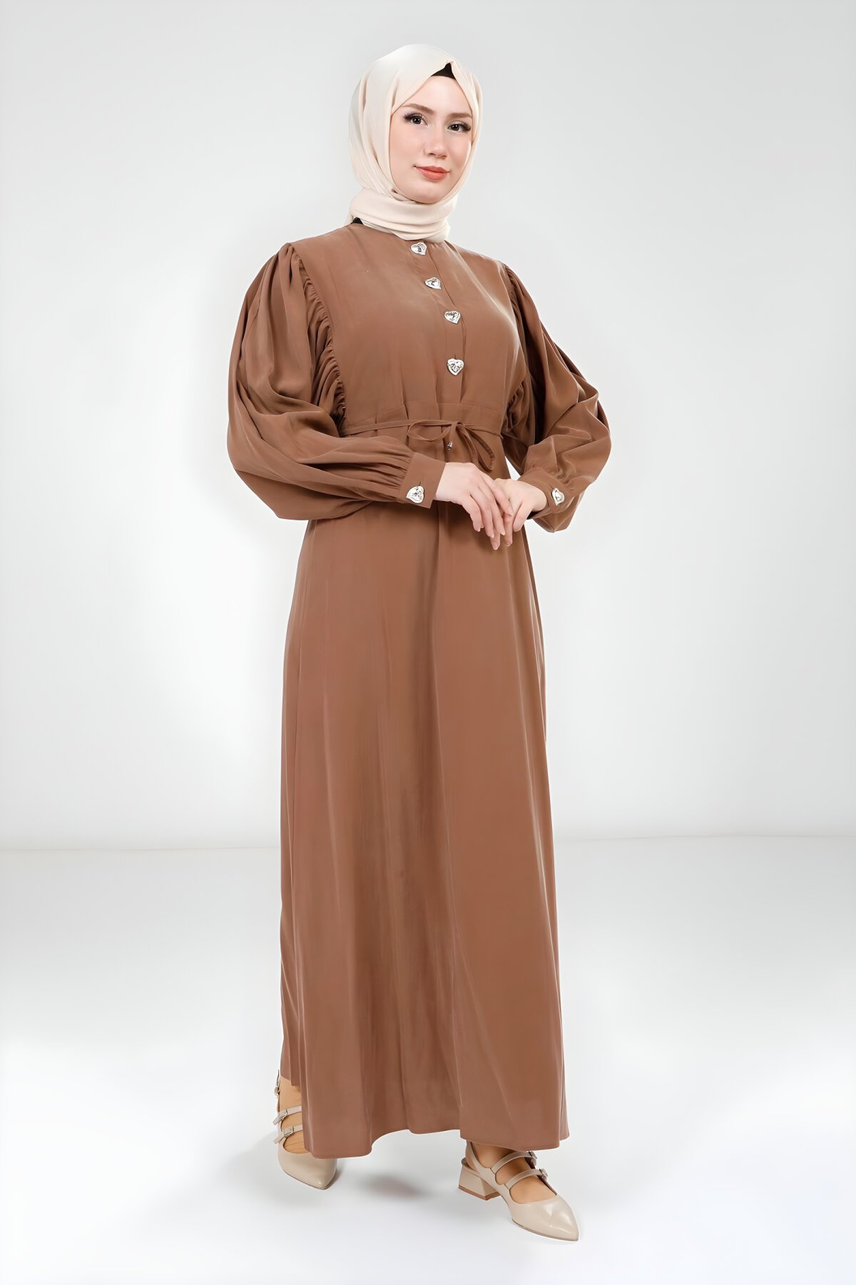Modal Button-Detail Modest Dress - Brown - Beyza