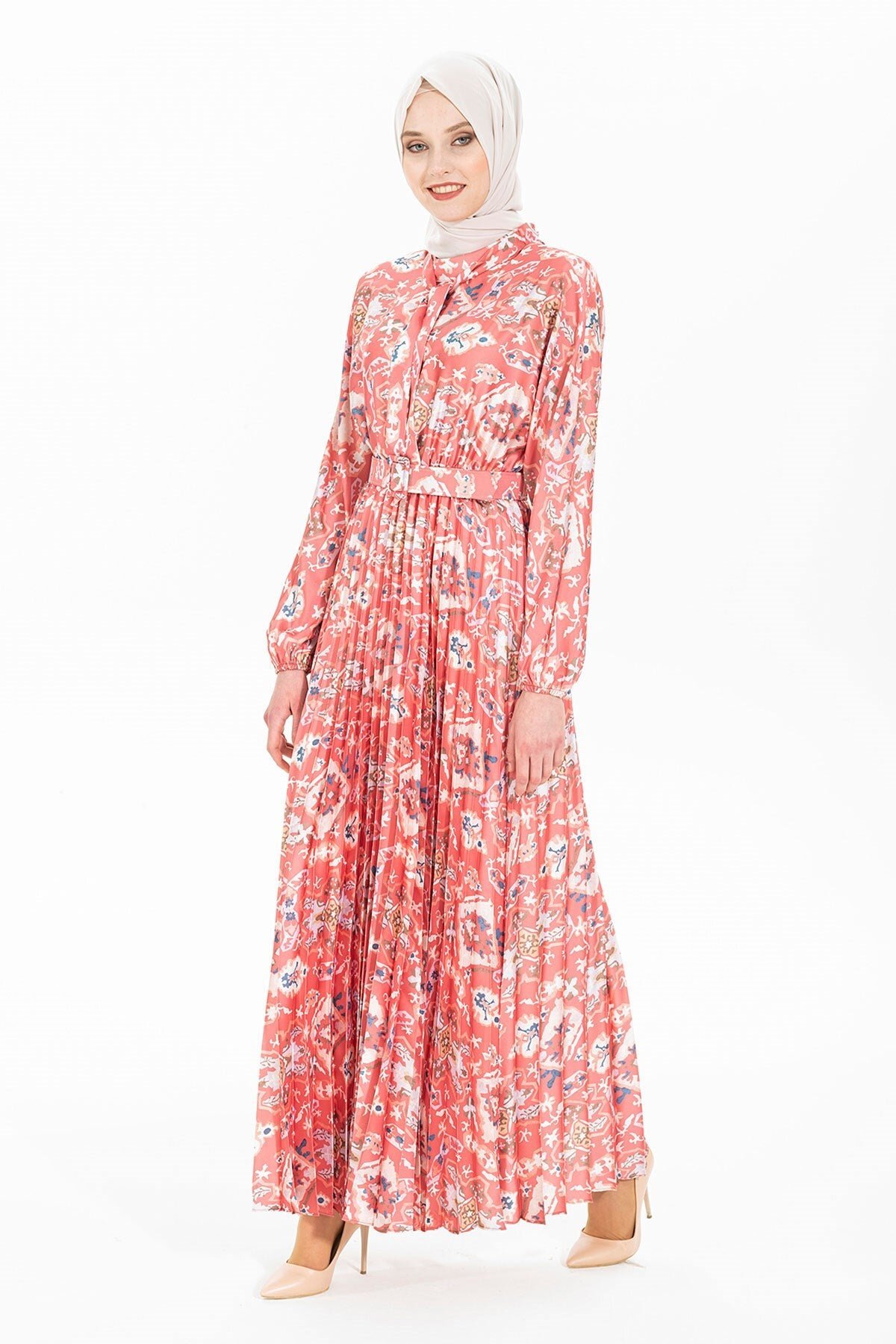 Silk Twill Belted Red-Button Modest Dress - Brown - Beyza