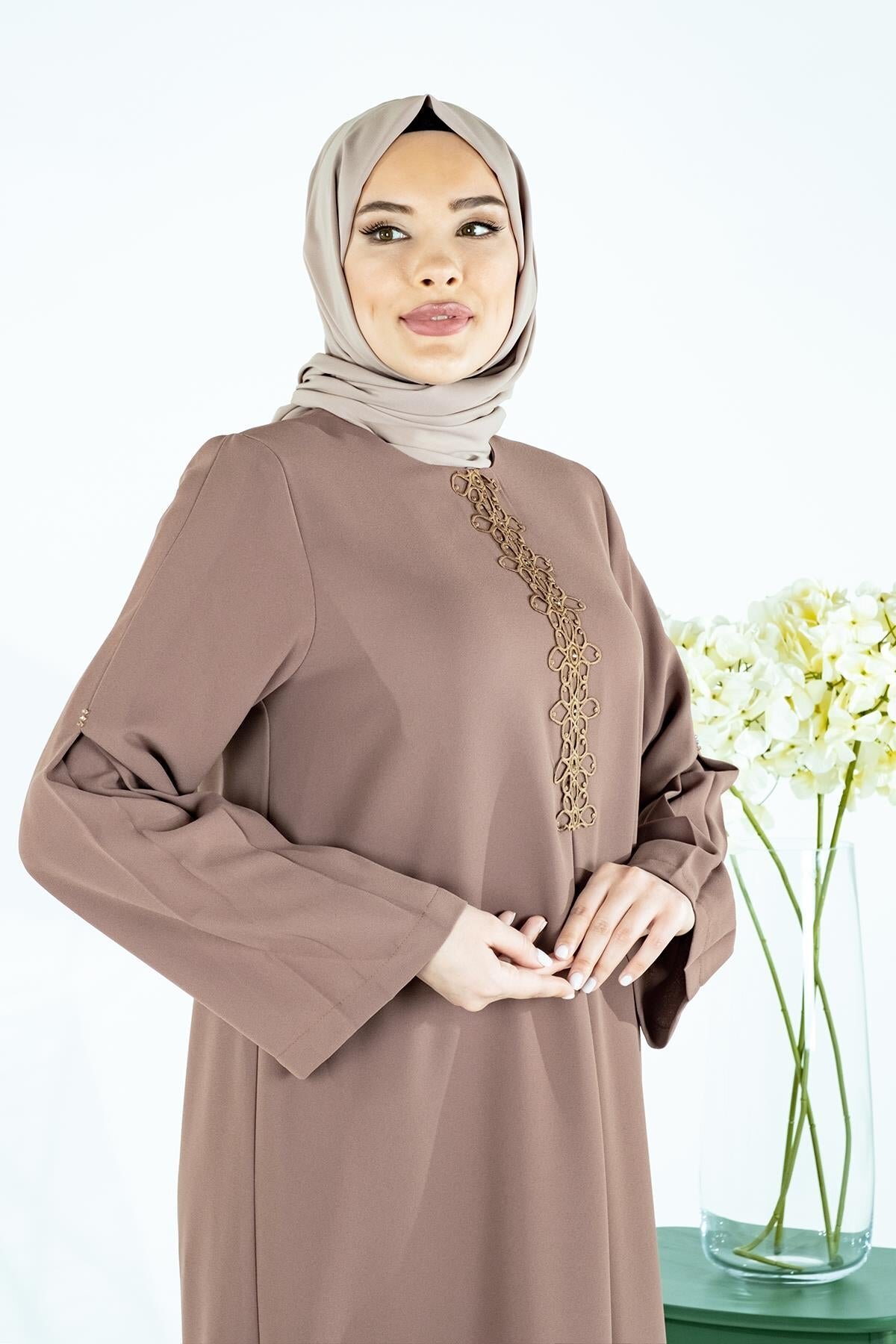 A-Line Pleated Modest Dress with Lace and Beaded Detail - Brown - Beyza