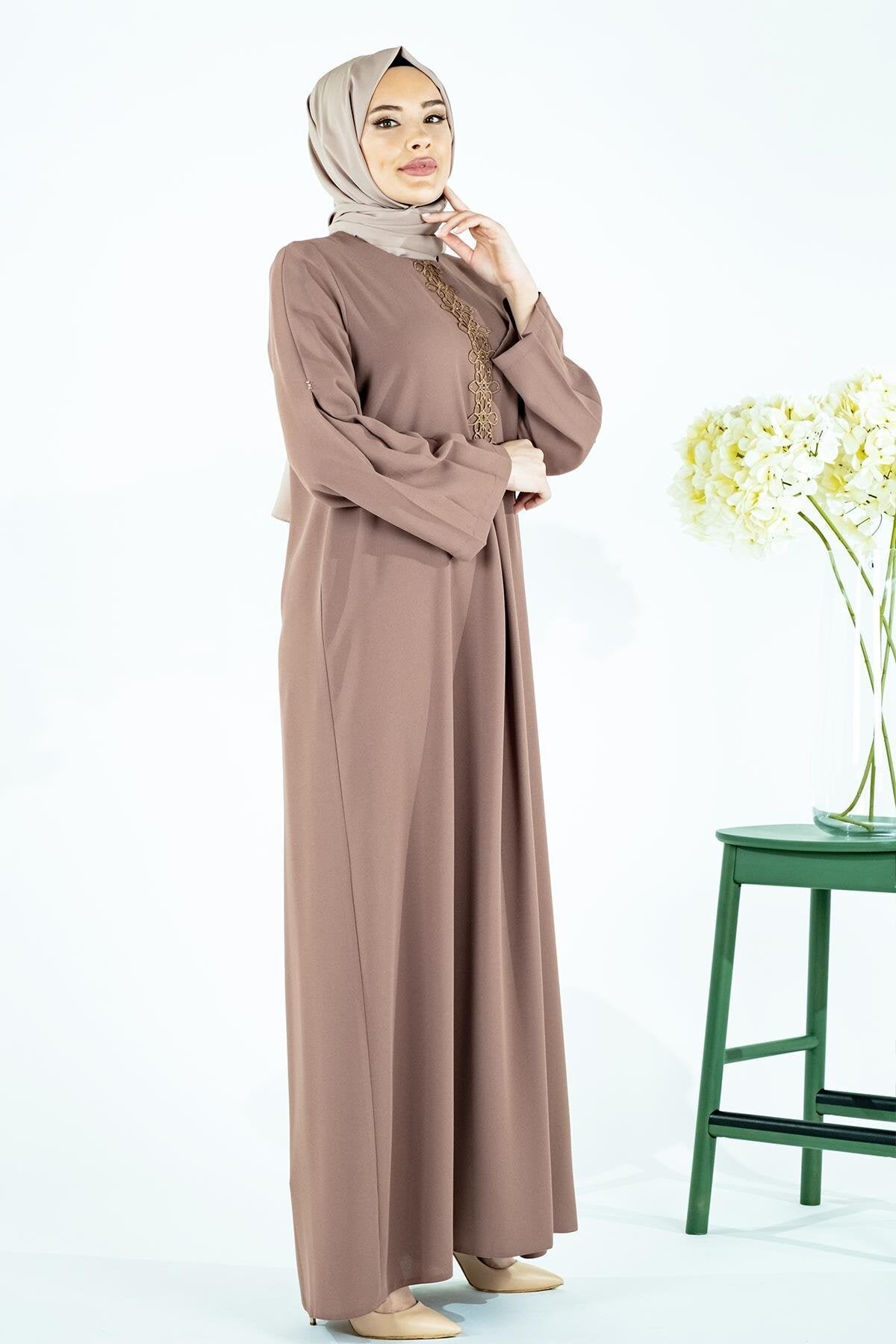 A-Line Pleated Modest Dress with Lace and Beaded Detail - Brown - Beyza