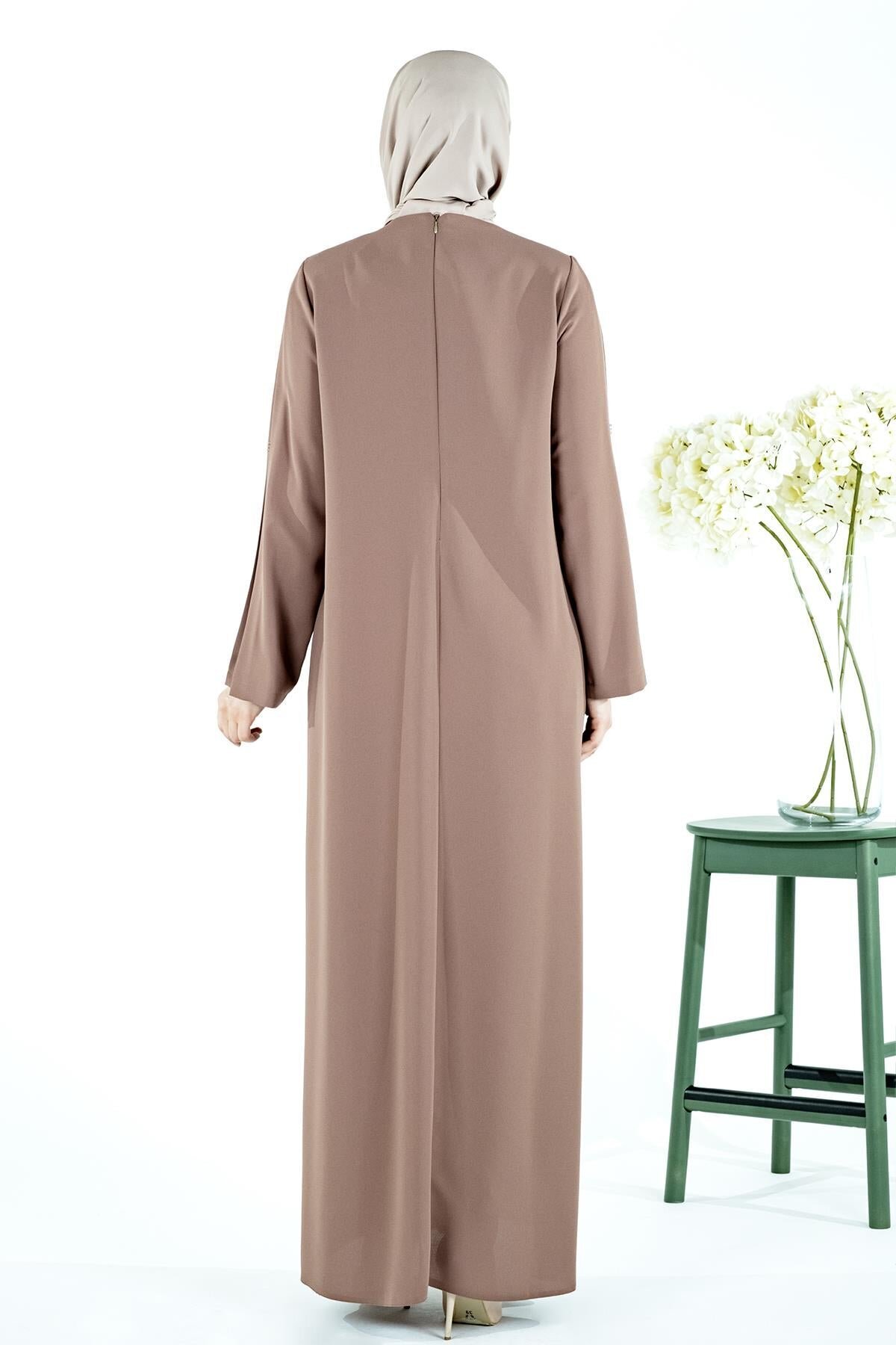 A-Line Pleated Modest Dress with Lace and Beaded Detail - Brown - Beyza