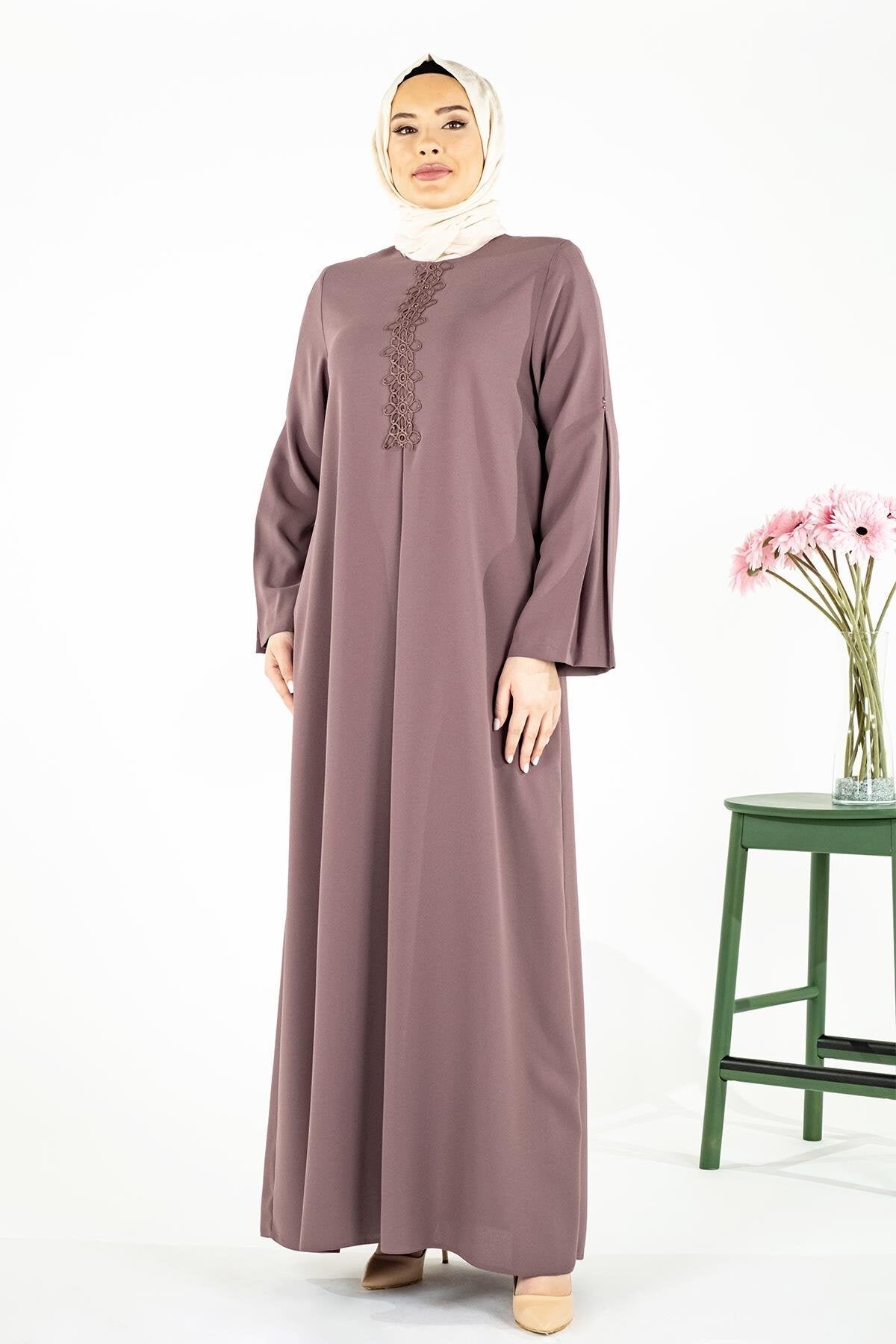A-Line Pleated Modest Dress with Lace and Beaded Detail - Brown - Beyza