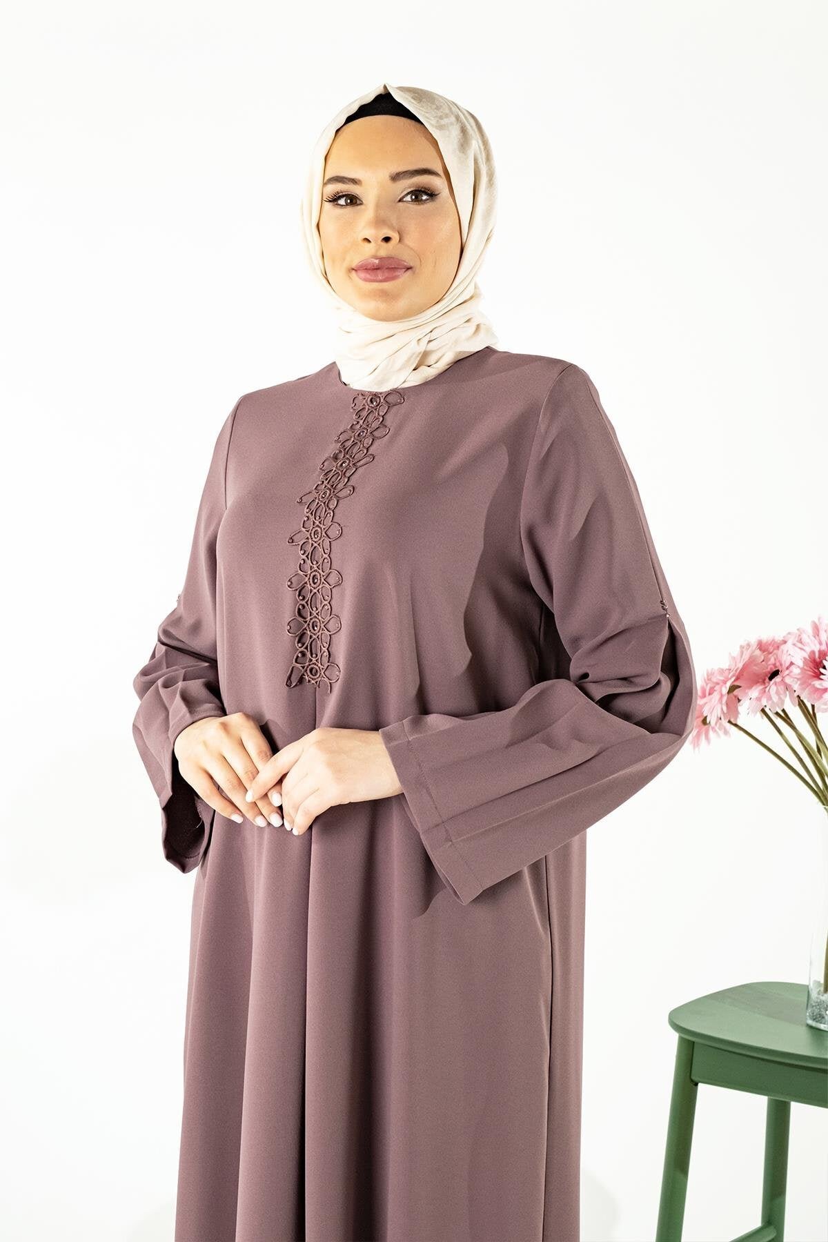 A-Line Pleated Modest Dress with Lace and Beaded Detail - Brown - Beyza