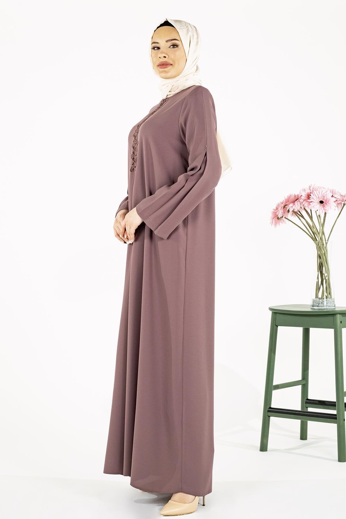 A-Line Pleated Modest Dress with Lace and Beaded Detail - Brown - Beyza