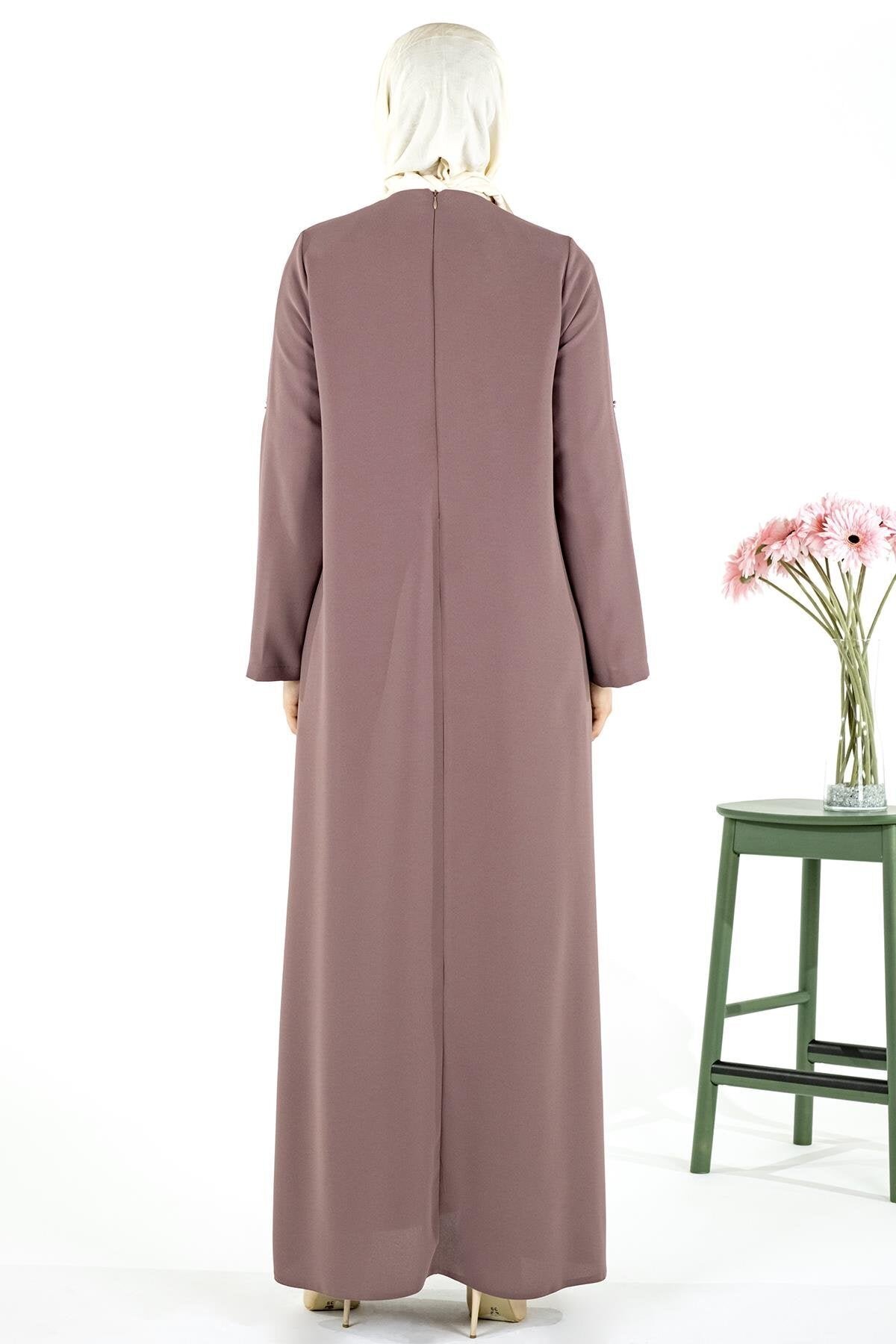 A-Line Pleated Modest Dress with Lace and Beaded Detail - Brown - Beyza