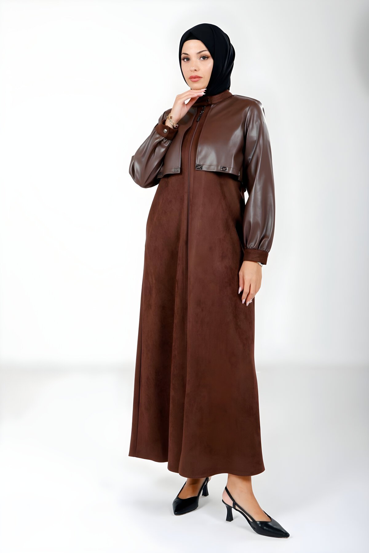Kahverengi Fermuarlı Deri Süet Ferace - Beyza
