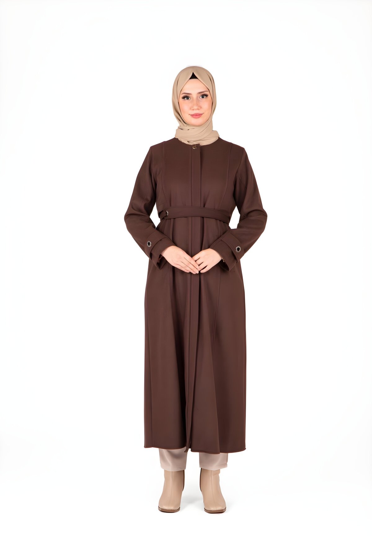 Modest Belt-Detail Winter Coat - Brown - Beyza