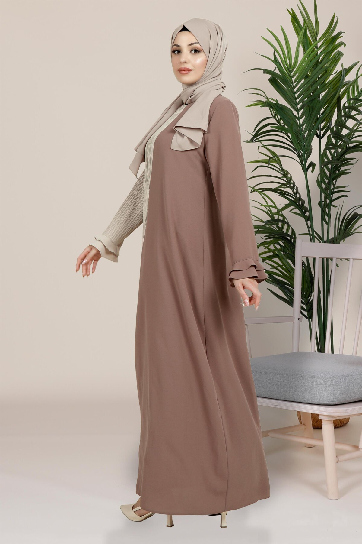 Crinkle Pleated Ruffled Sleeve Modest Dress - Brown - Beyza