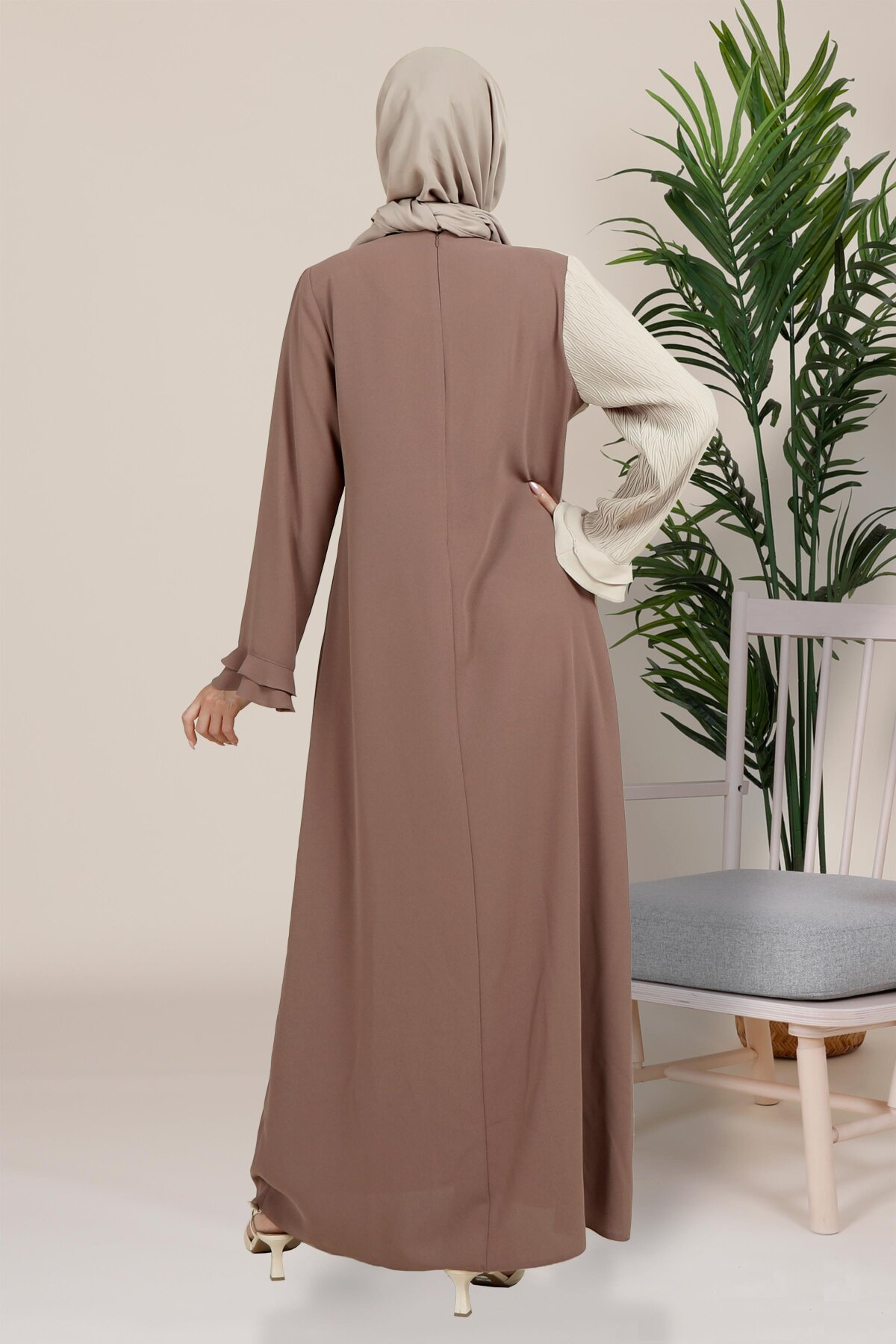 Crinkle Pleated Ruffled Sleeve Modest Dress - Brown - Beyza