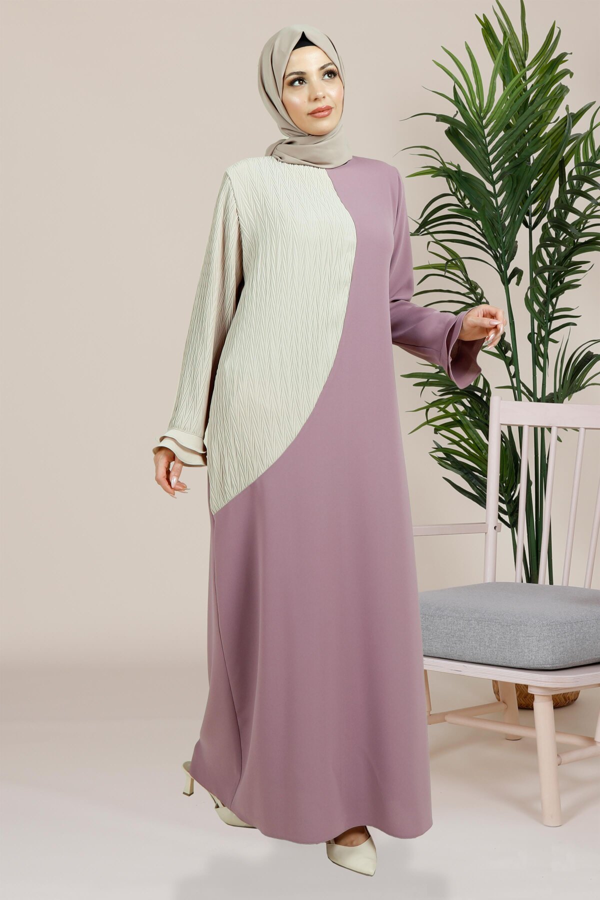 Crinkle Pleated Ruffled Sleeve Modest Dress - Brown - Beyza