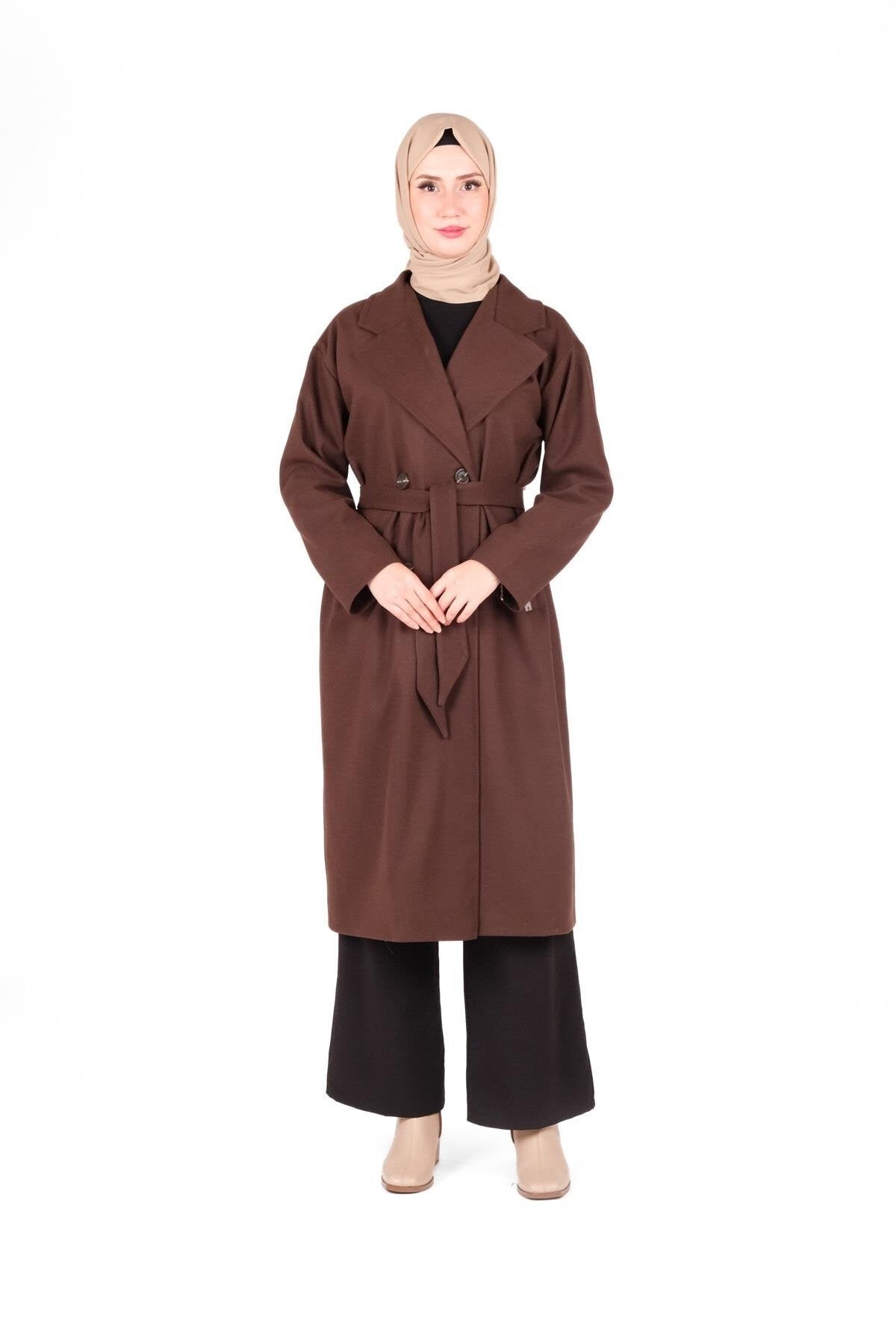 Modest Double-breasted Belted Coat - Brown - Beyza