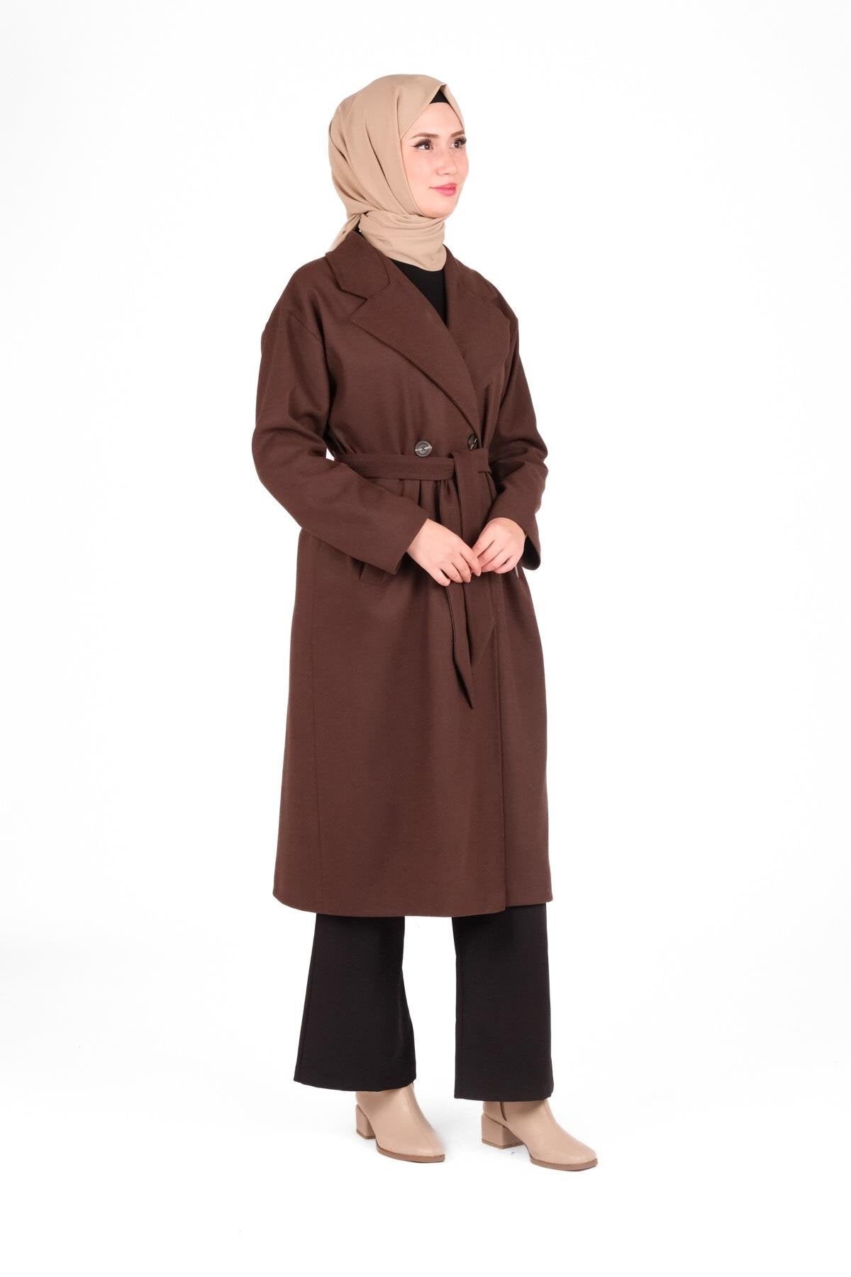 Modest Double-breasted Belted Coat - Brown - Beyza