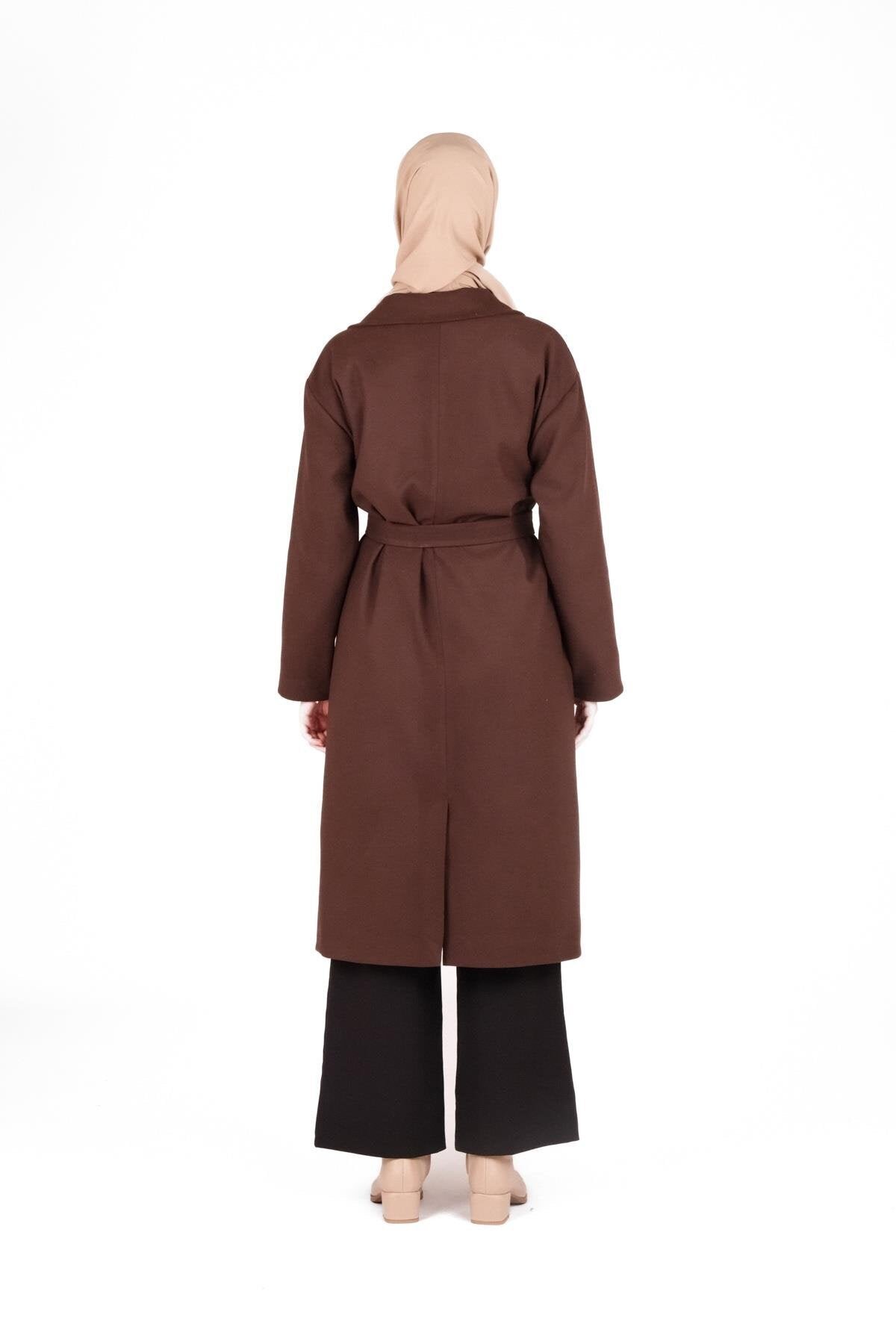 Modest Double-breasted Belted Coat - Brown - Beyza