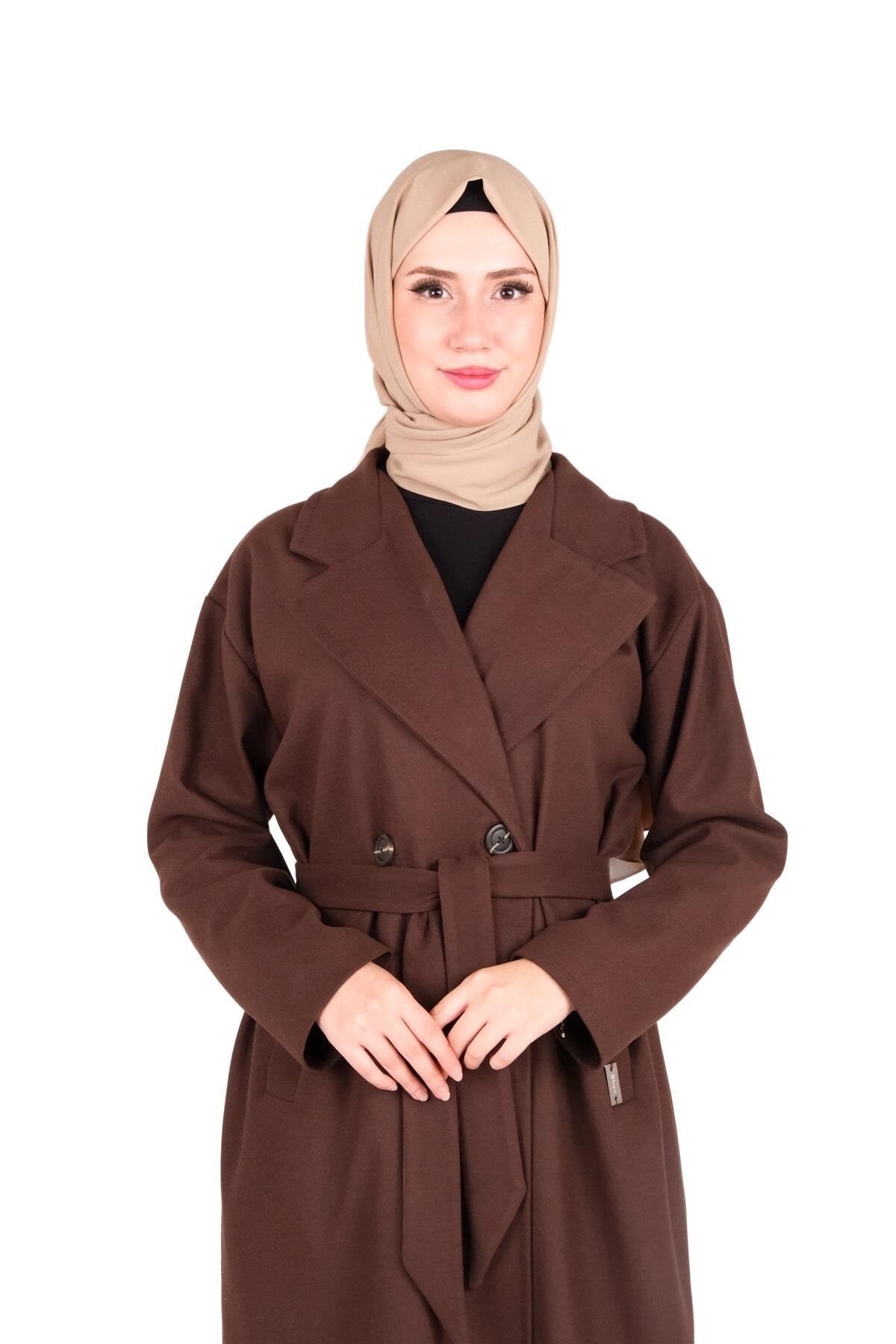 Modest Double-breasted Belted Coat - Brown - Beyza