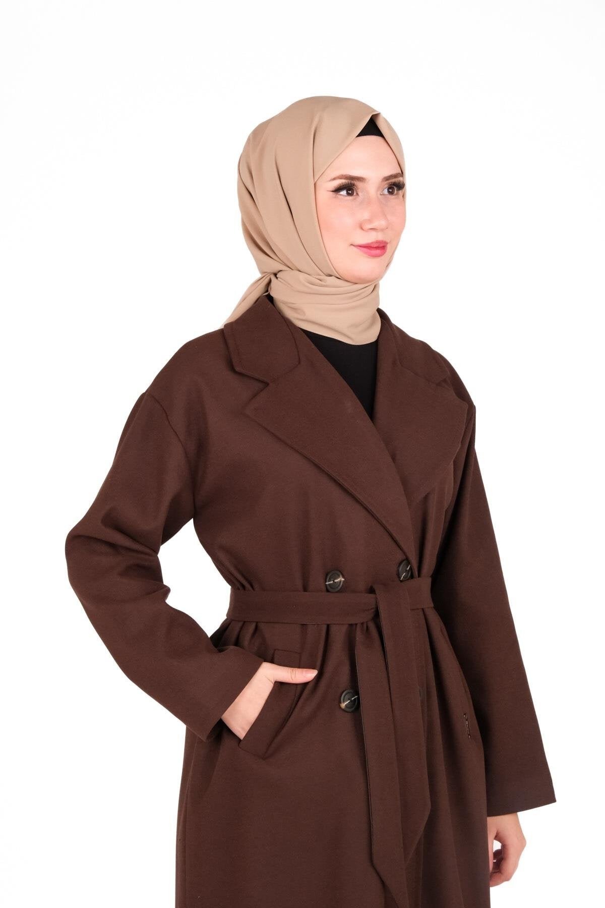 Modest Double-breasted Belted Coat - Brown - Beyza