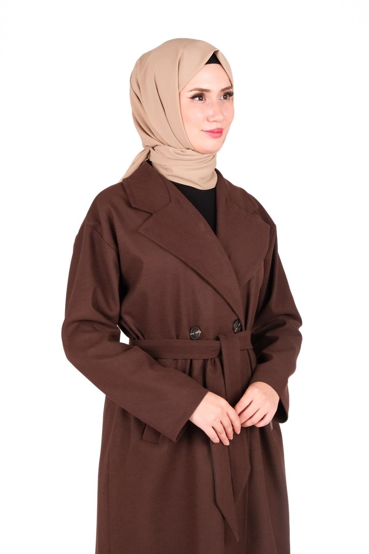 Modest Double-breasted Belted Coat - Brown - Beyza