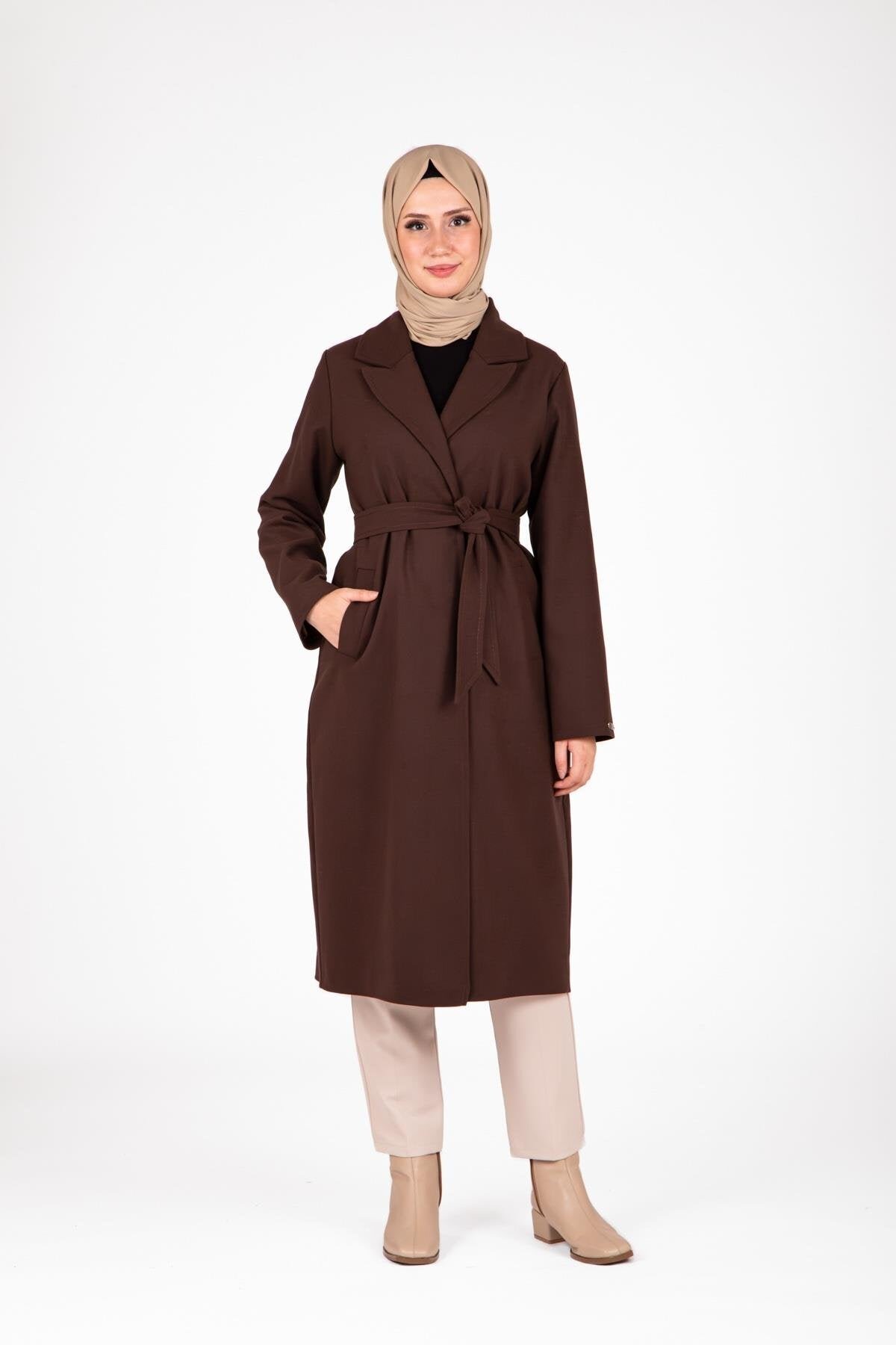 Double-Breasted, Belt-Detailed Modest Winter Coat - Brown - Beyza