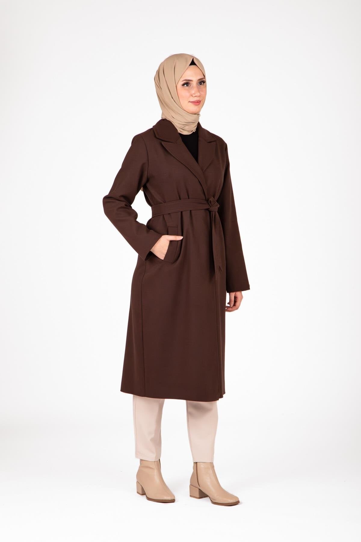 Double-Breasted, Belt-Detailed Modest Winter Coat - Brown - Beyza