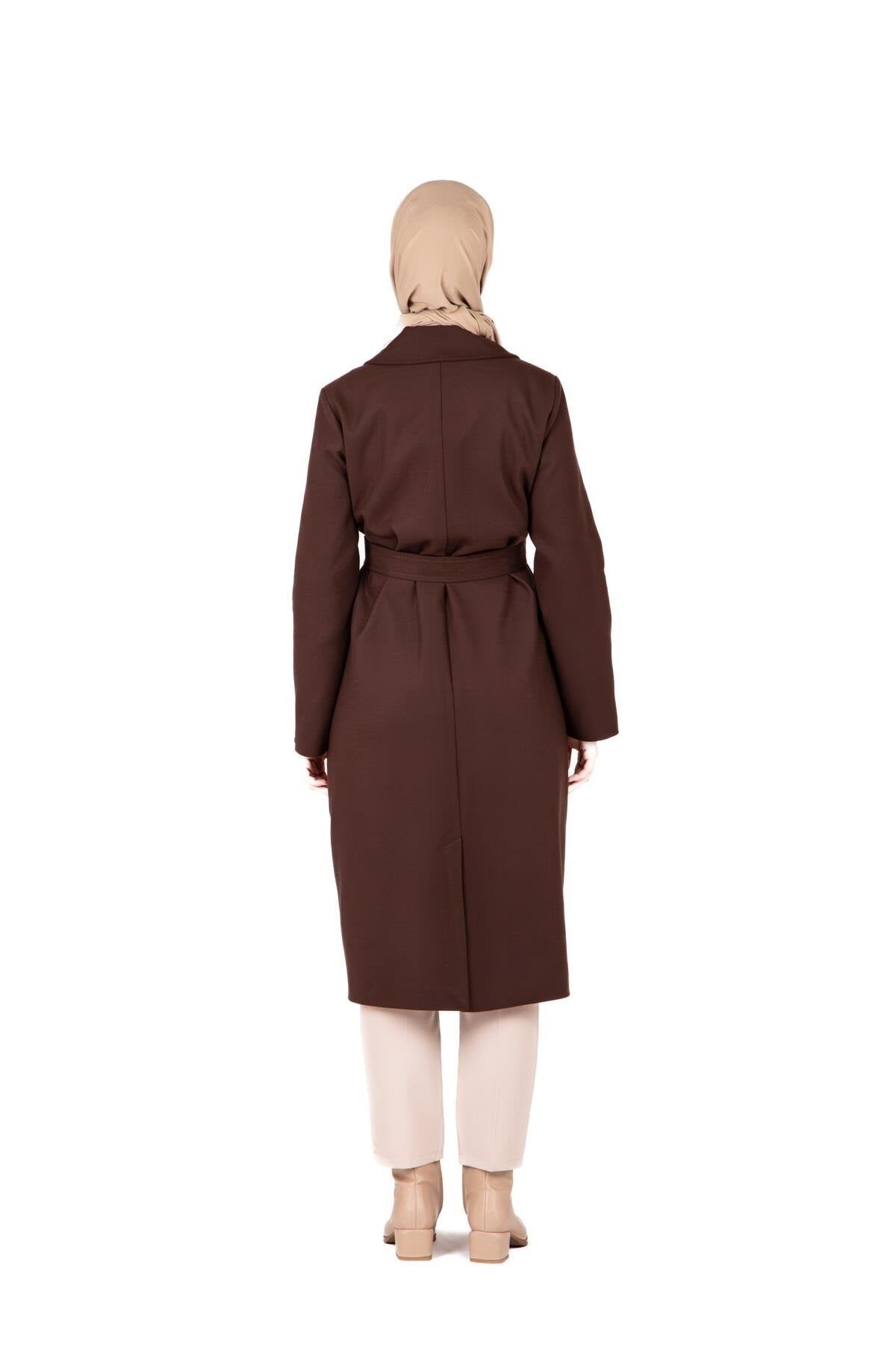 Double-Breasted, Belt-Detailed Modest Winter Coat - Brown - Beyza