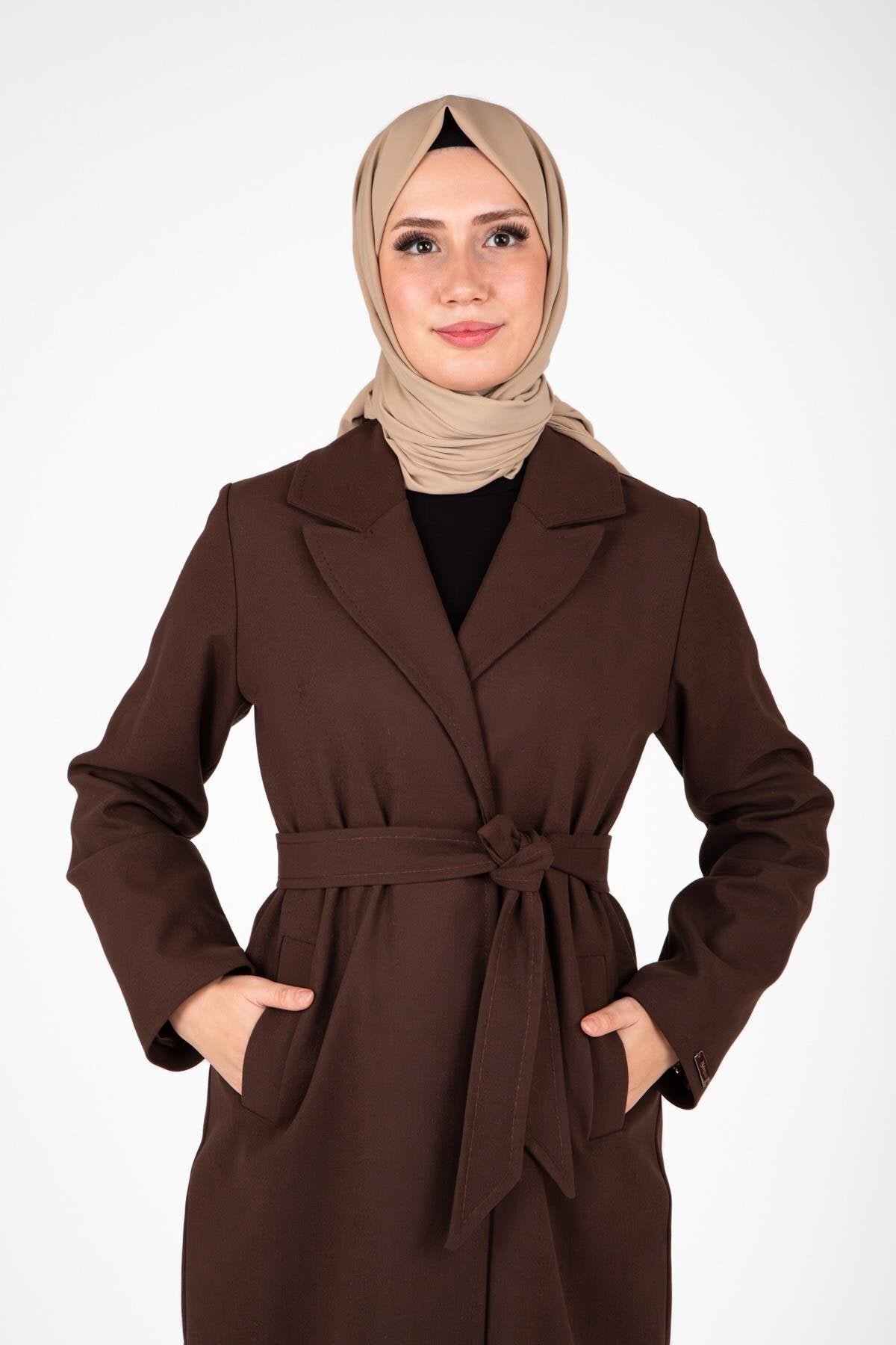 Double-Breasted, Belt-Detailed Modest Winter Coat - Brown - Beyza