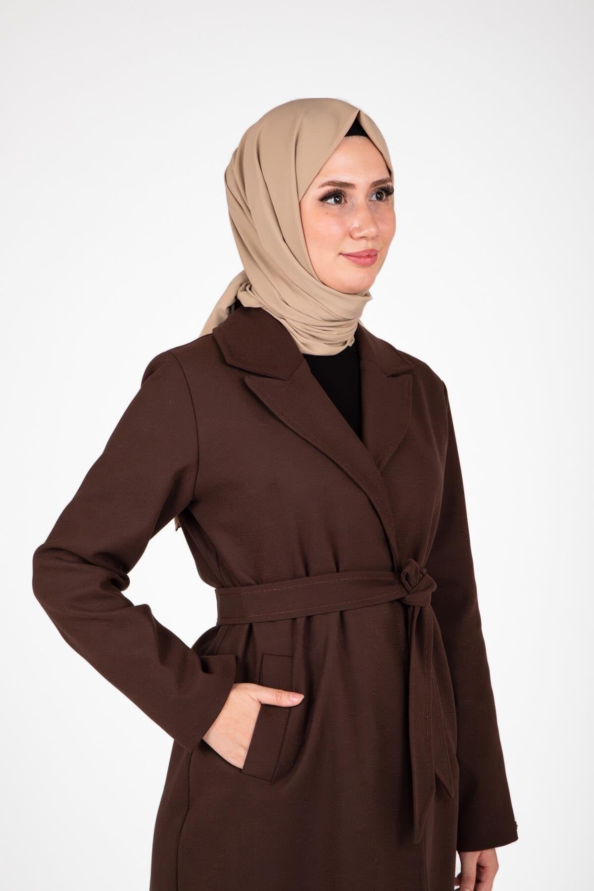 Double-Breasted, Belt-Detailed Modest Winter Coat - Brown - Beyza