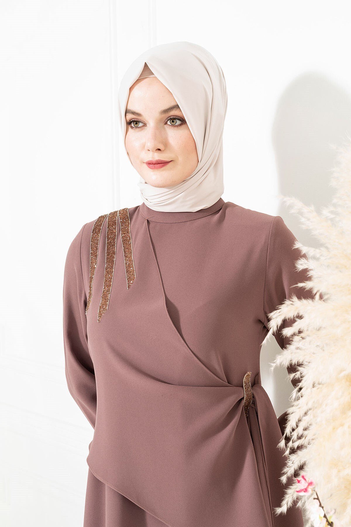 Formal Modest Dress, Shoulder Stone Detail - Brown - Beyza