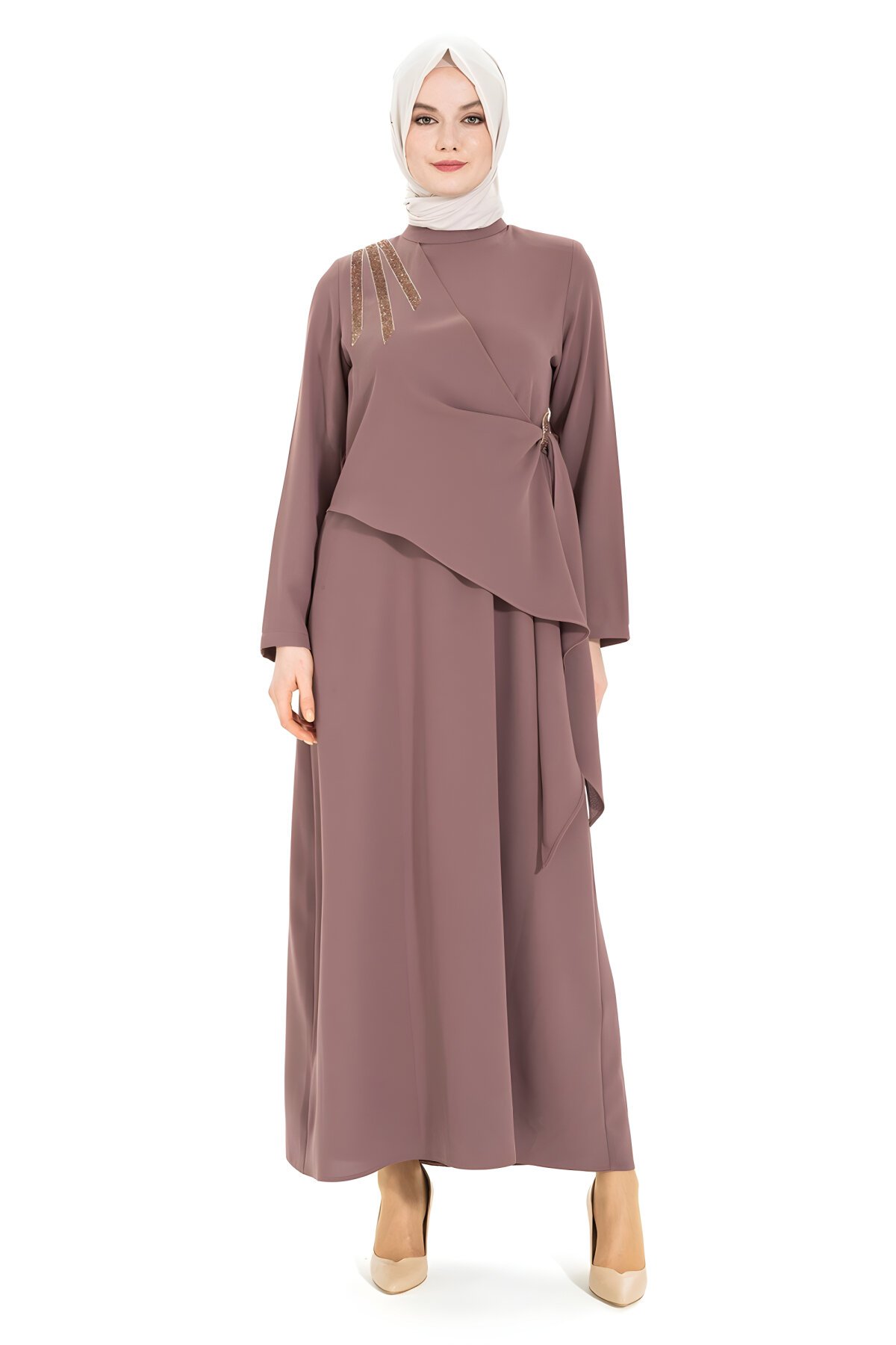 Kahverengi Omuzdan Taş Detaylı Abiye Tesettür Elbise - Beyza
