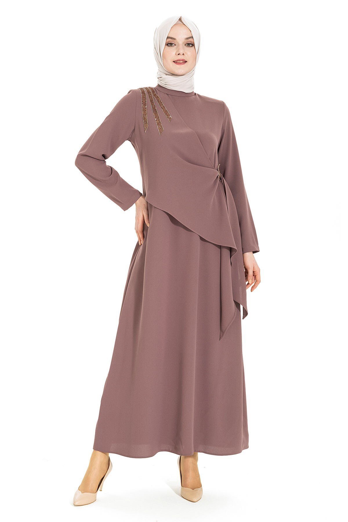 Formal Modest Dress, Shoulder Stone Detail - Brown - Beyza