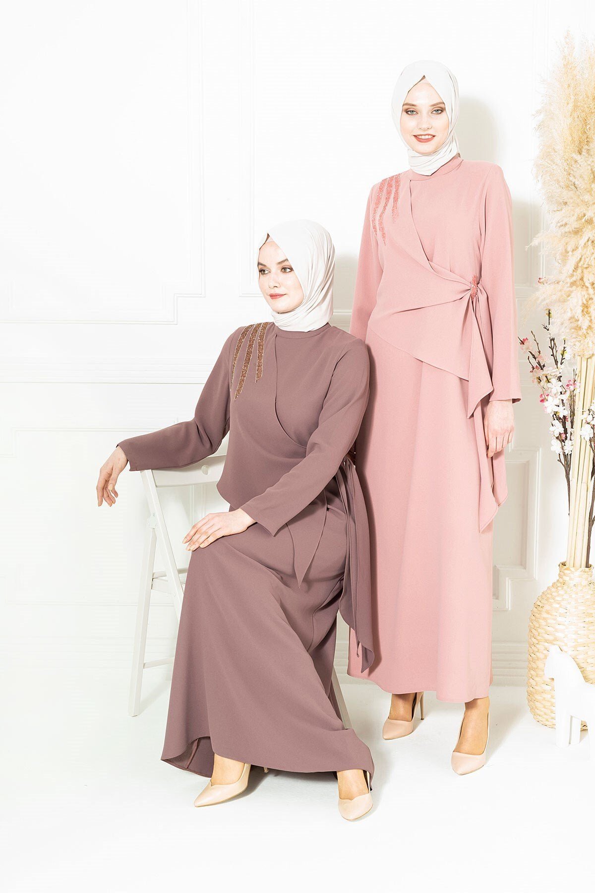 Formal Modest Dress, Shoulder Stone Detail - Brown - Beyza
