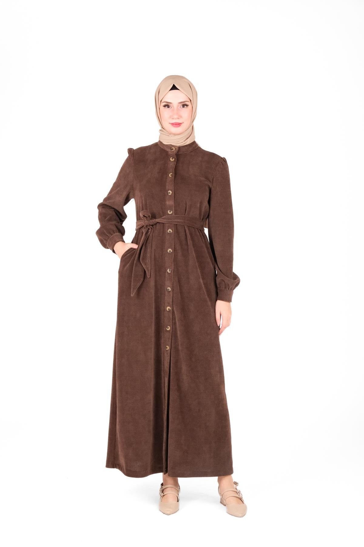 Knit Placket Button Modest Dress - Brown - Beyza