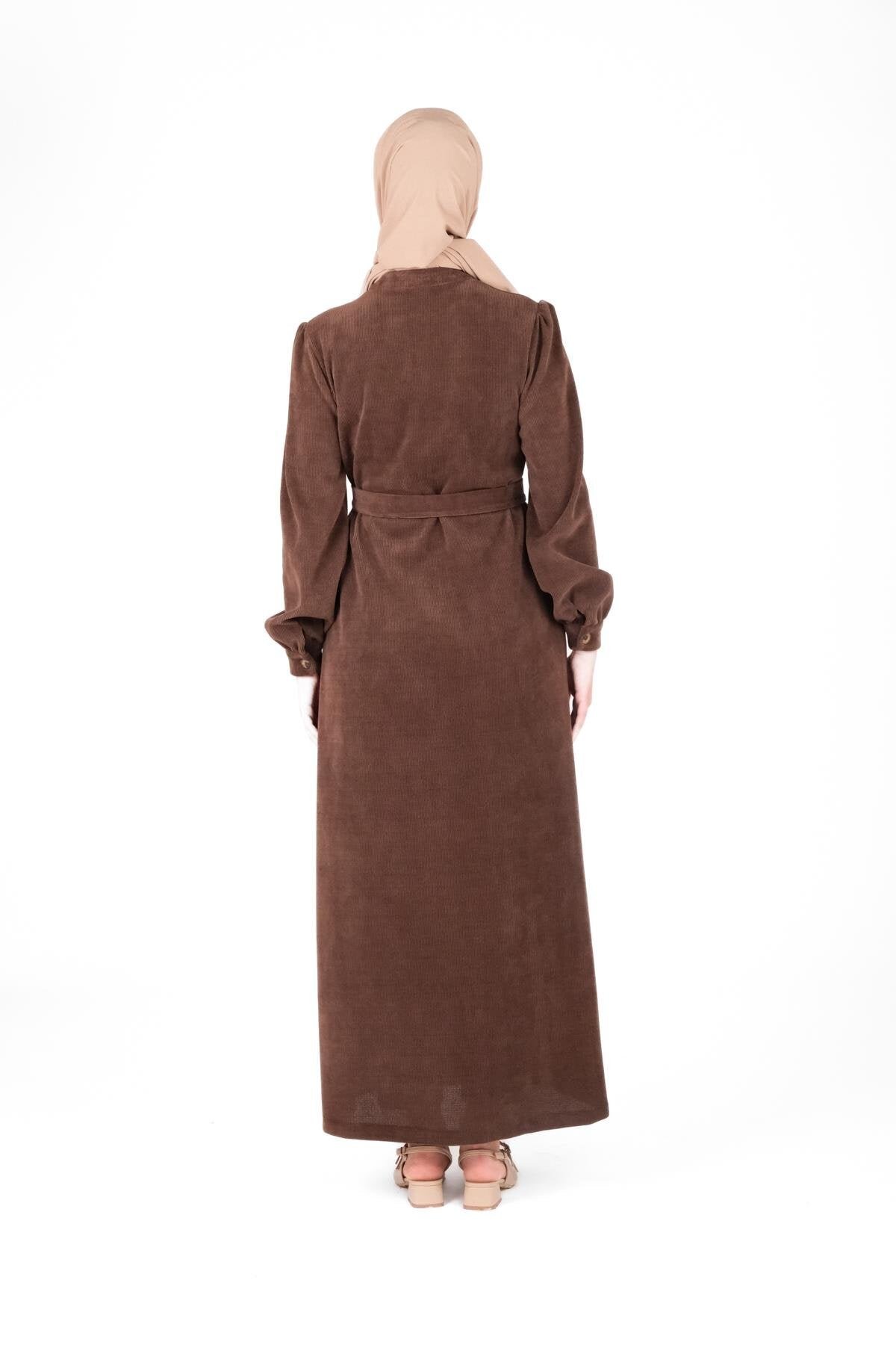 Knit Placket Button Modest Dress - Brown - Beyza