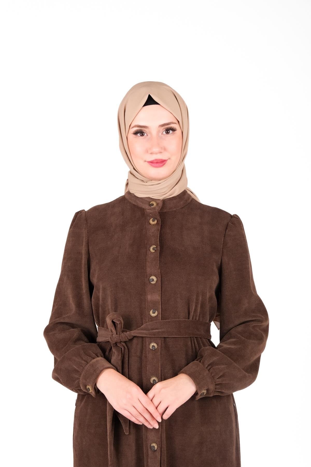 Knit Placket Button Modest Dress - Brown - Beyza