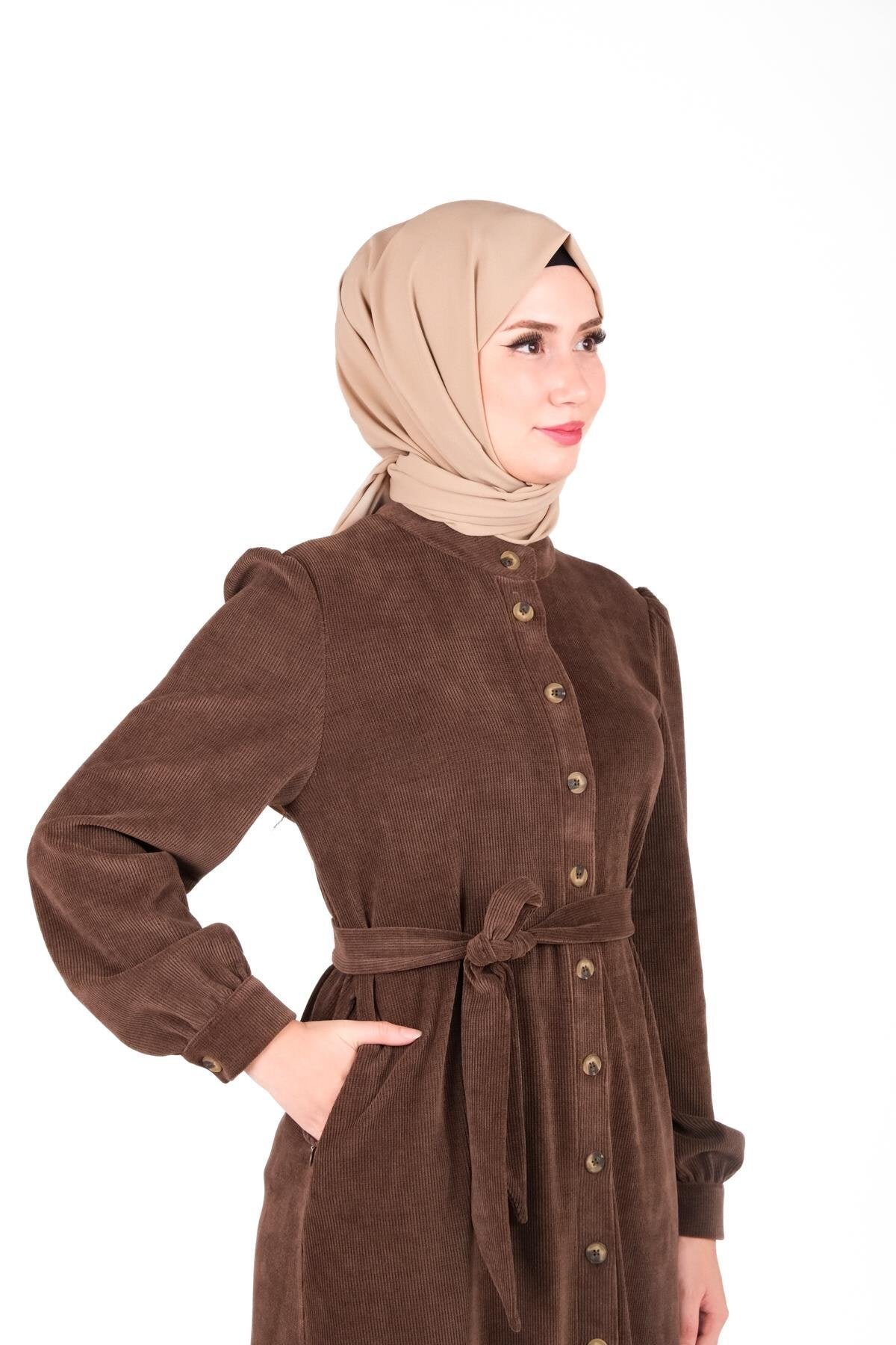 Knit Placket Button Modest Dress - Brown - Beyza