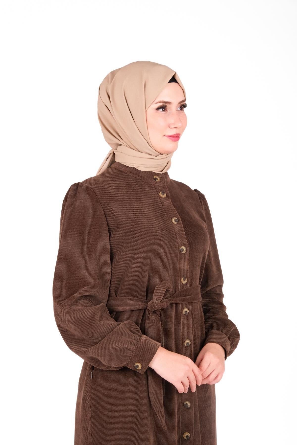 Knit Placket Button Modest Dress - Brown - Beyza