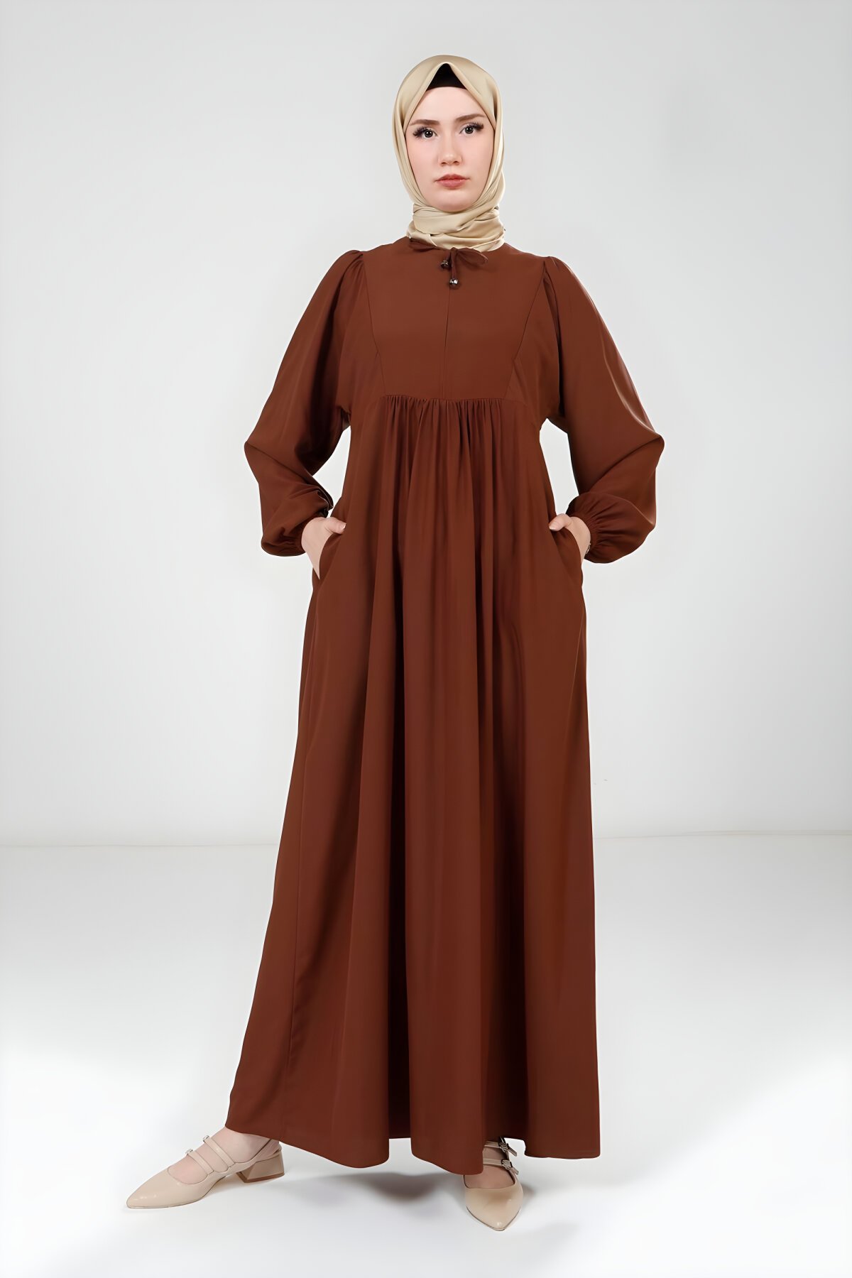 Yoked Modest Dress - Brown - Beyza