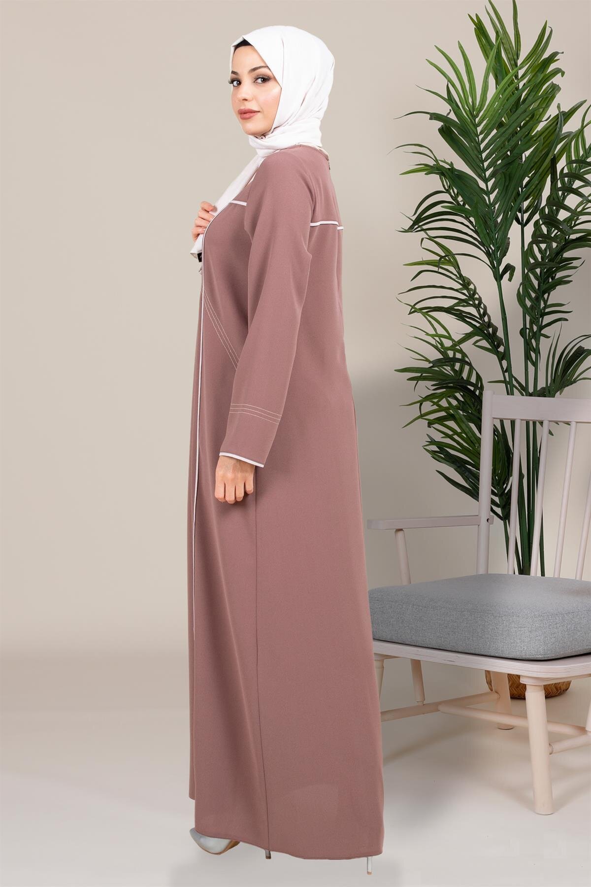 Casual Piped Modest Dress - Brown - Beyza