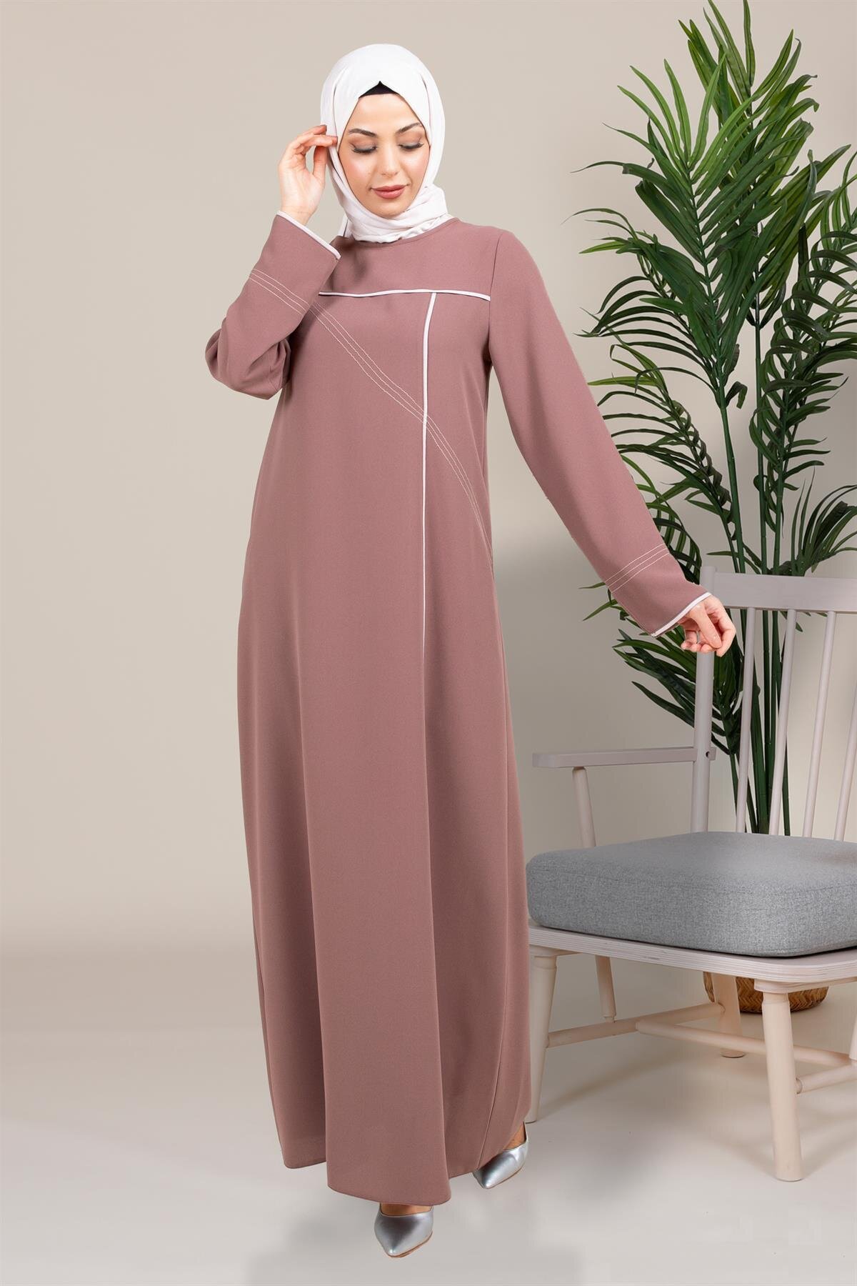 Casual Piped Modest Dress - Brown - Beyza