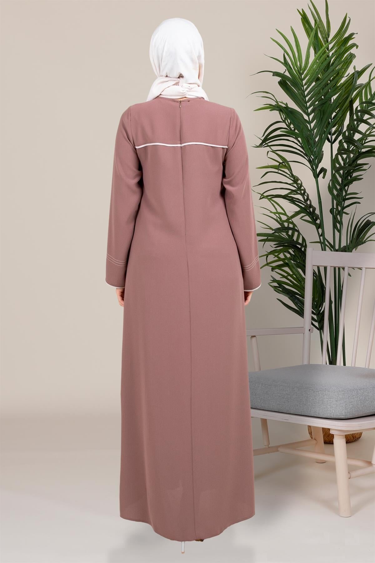 Casual Piped Modest Dress - Brown - Beyza